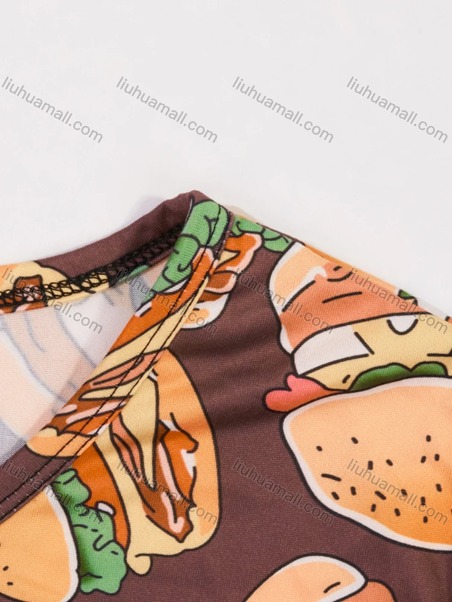 Wholesale Women's Milk Silk Allover Hamburger Print Short Sleeve Crew Neck Curved Hem Lounge Short Nightdress DM1302-04# - Liuhuamall