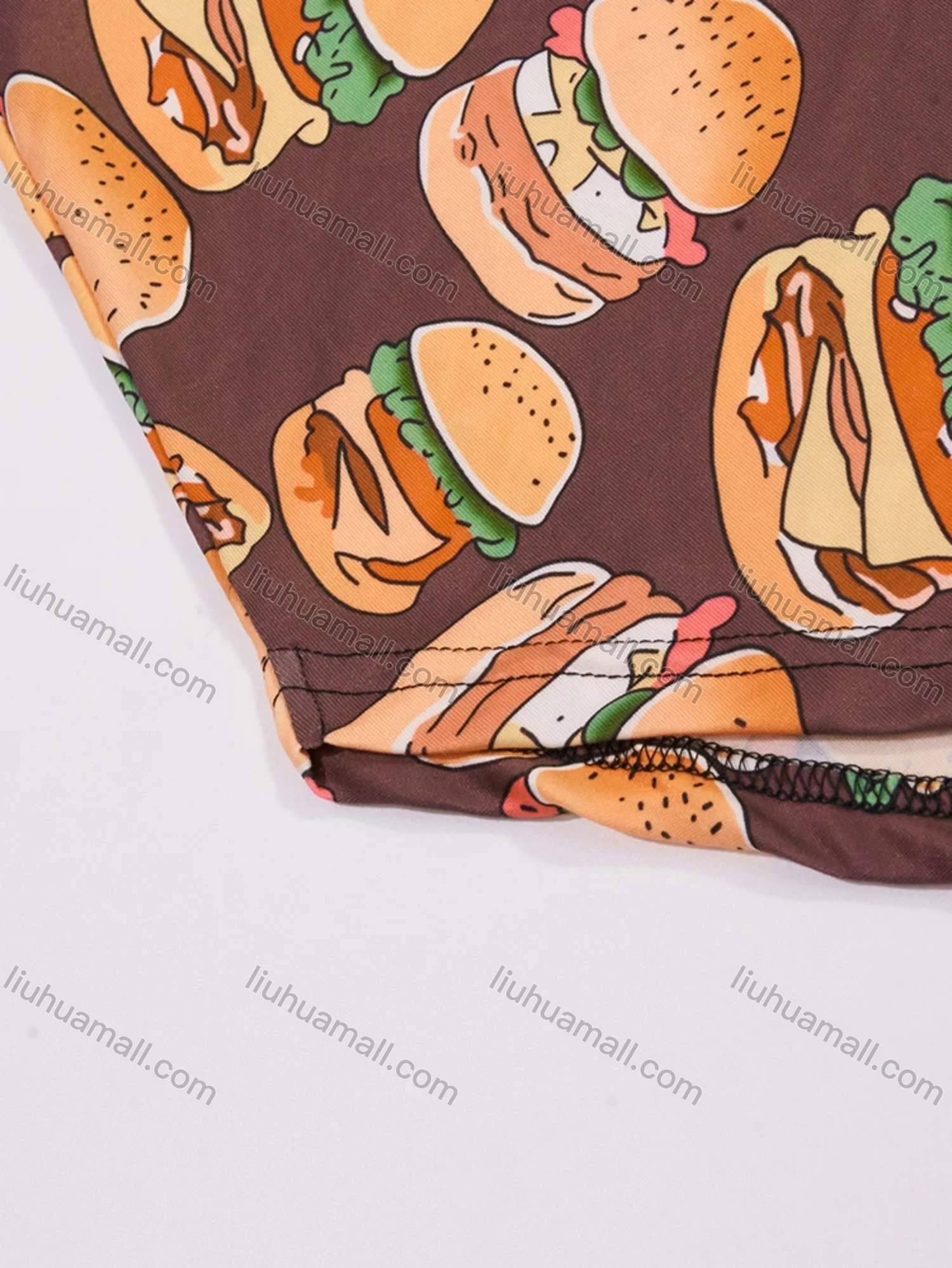 Wholesale Women's Milk Silk Allover Hamburger Print Short Sleeve Crew Neck Curved Hem Lounge Short Nightdress DM1302-04# - Liuhuamall