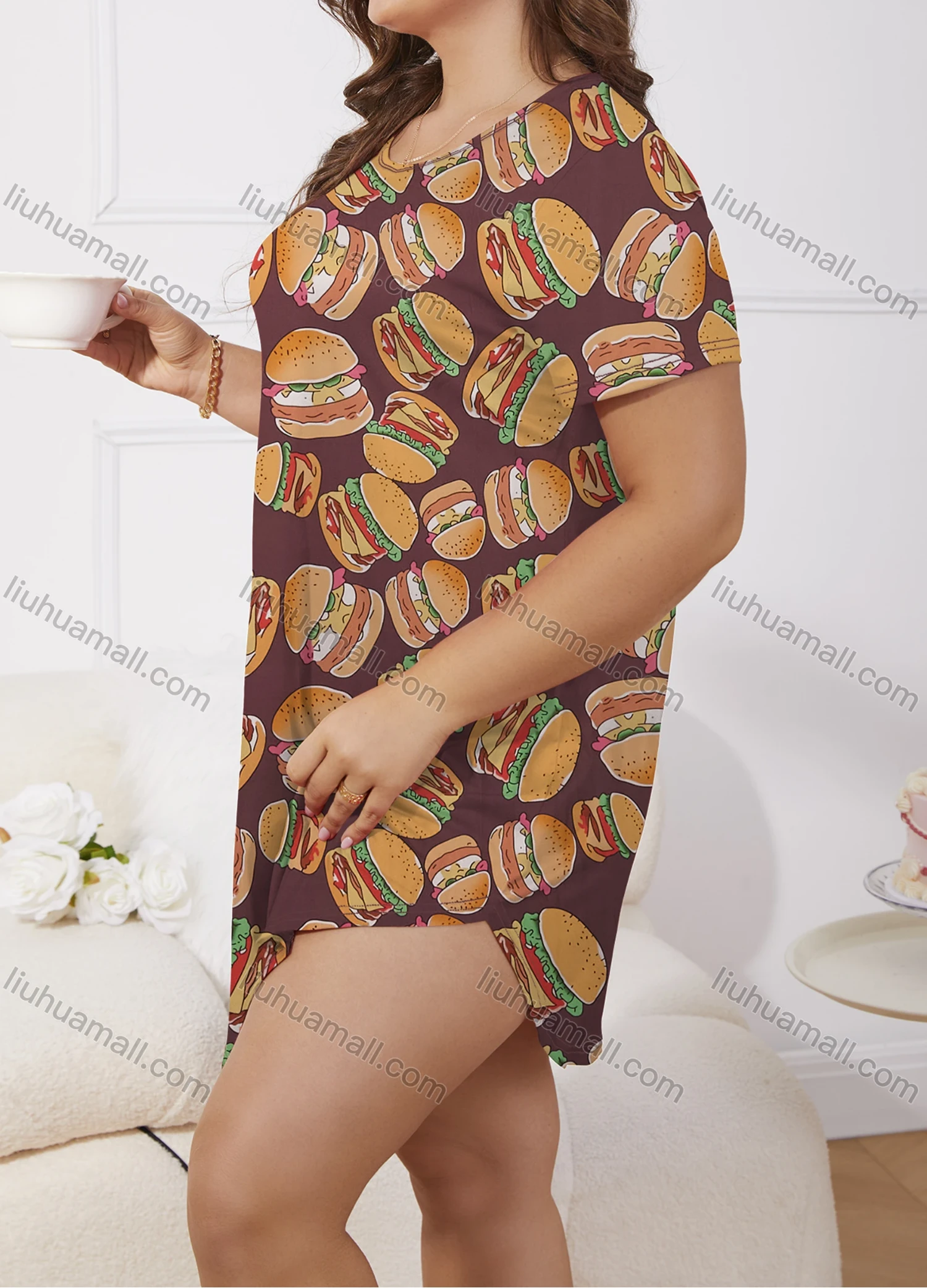 Wholesale Women's Milk Silk Allover Hamburger Print Short Sleeve Crew Neck Curved Hem Lounge Short Nightdress DM1302-04# - Liuhuamall