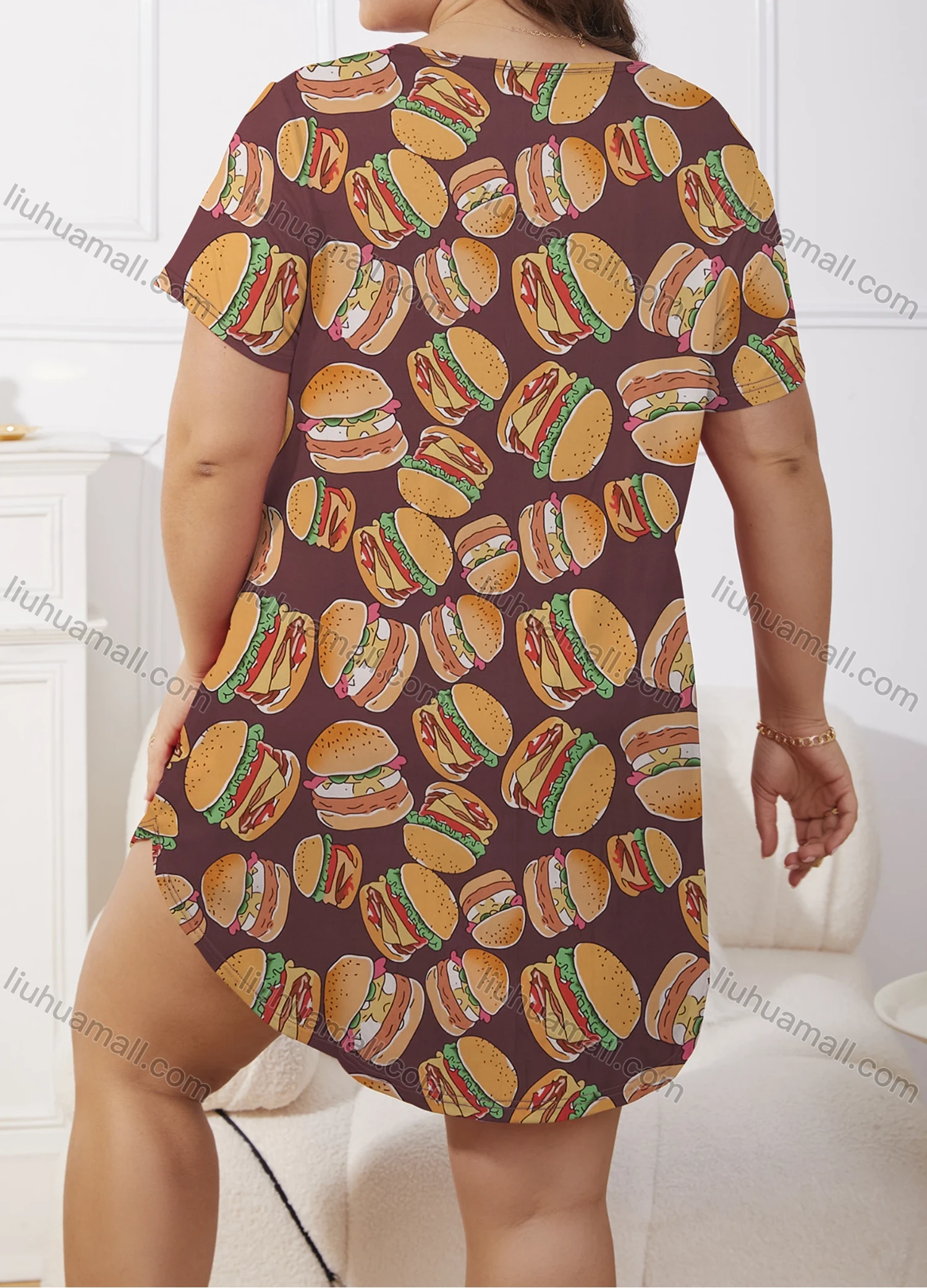 Wholesale Women's Milk Silk Allover Hamburger Print Short Sleeve Crew Neck Curved Hem Lounge Short Nightdress DM1302-04# - Liuhuamall
