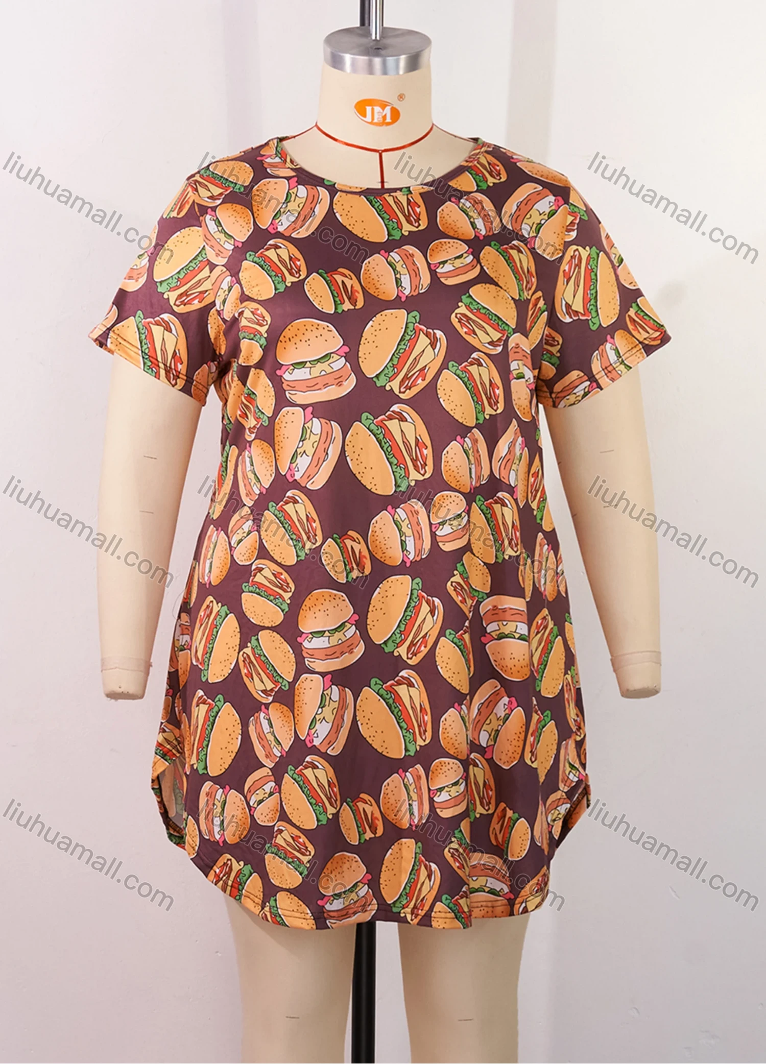 Wholesale Women's Milk Silk Allover Hamburger Print Short Sleeve Crew Neck Curved Hem Lounge Short Nightdress DM1302-04# - Liuhuamall