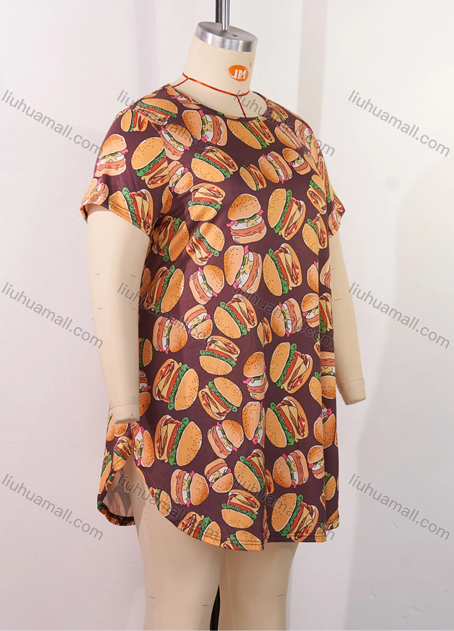 Wholesale Women's Milk Silk Allover Hamburger Print Short Sleeve Crew Neck Curved Hem Lounge Short Nightdress DM1302-04# - Liuhuamall