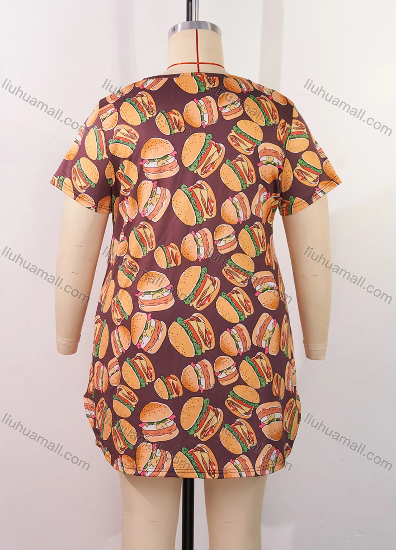 Wholesale Women's Milk Silk Allover Hamburger Print Short Sleeve Crew Neck Curved Hem Lounge Short Nightdress DM1302-04# - Liuhuamall