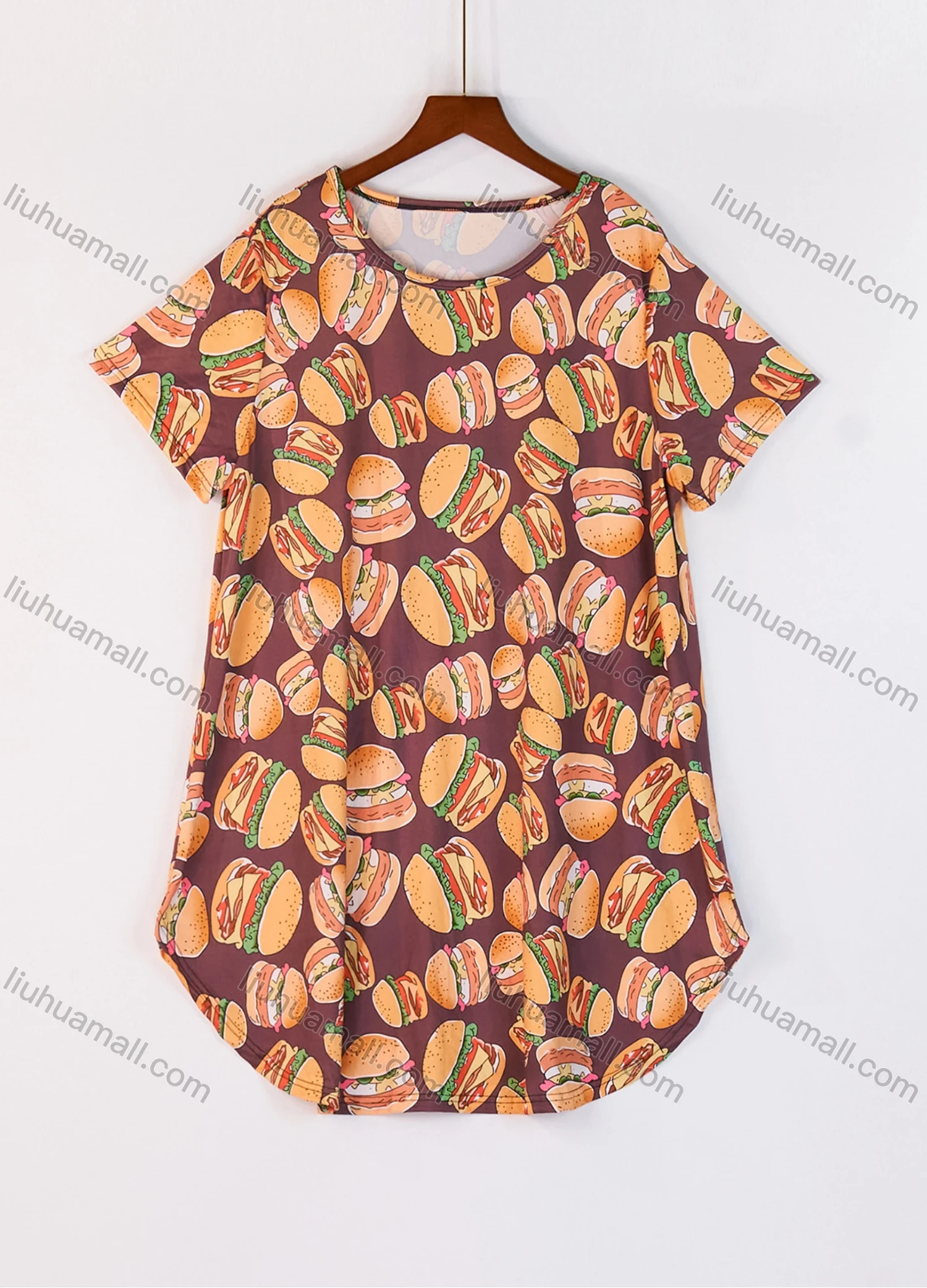 Wholesale Women's Milk Silk Allover Hamburger Print Short Sleeve Crew Neck Curved Hem Lounge Short Nightdress DM1302-04# - Liuhuamall