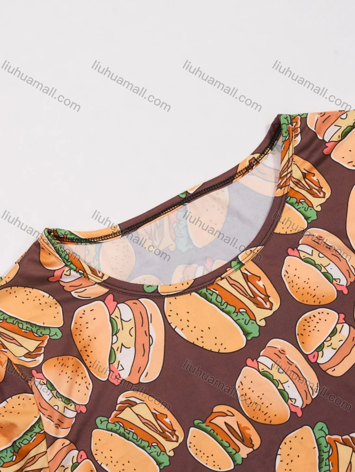 Wholesale Women's Milk Silk Allover Hamburger Print Short Sleeve Crew Neck Curved Hem Lounge Short Nightdress DM1302-04# - Liuhuamall