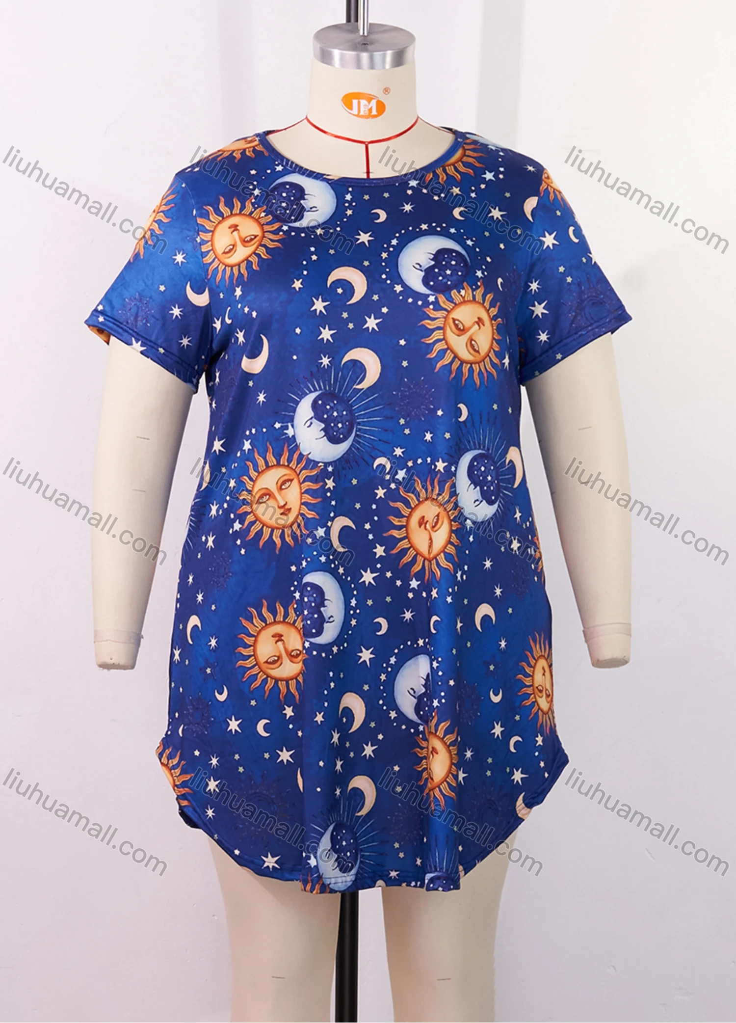 Wholesale Women's Milk Silk Allover Print Star Short Sleeve Crew Neck Curved Hem Lounge Short Nightdress DM1302-05# - Liuhuamall