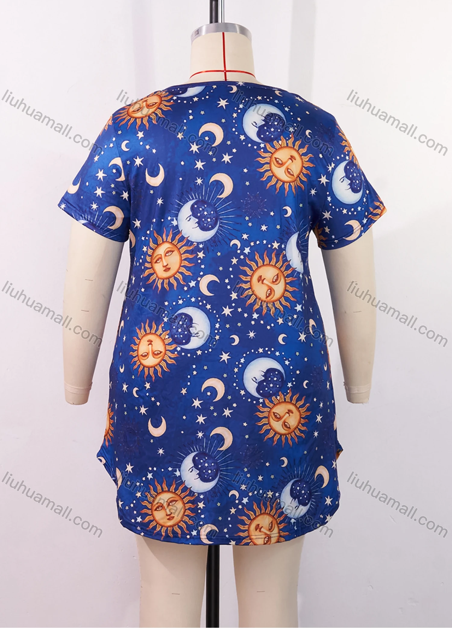 Wholesale Women's Milk Silk Allover Print Star Short Sleeve Crew Neck Curved Hem Lounge Short Nightdress DM1302-05# - Liuhuamall