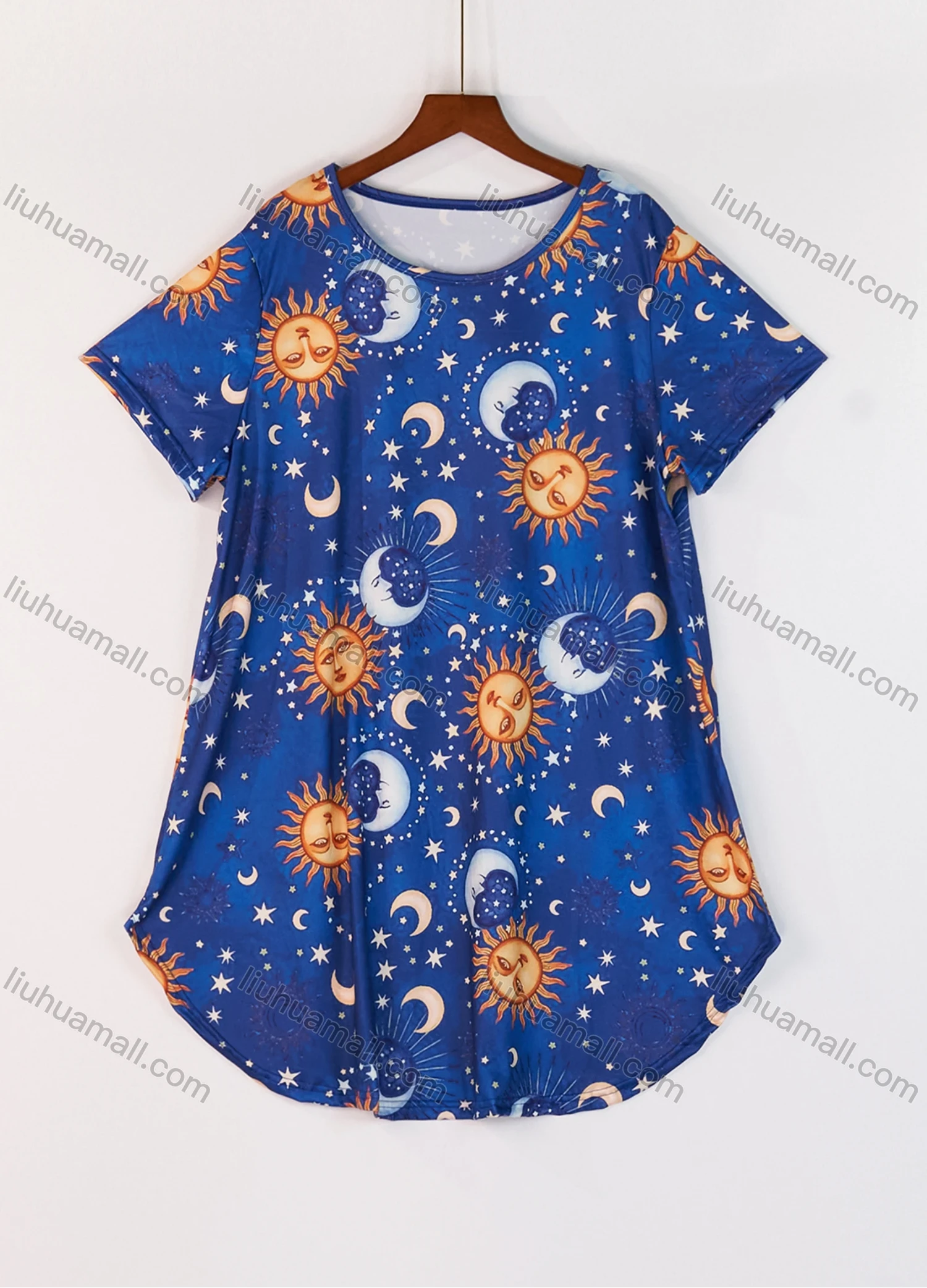 Wholesale Women's Milk Silk Allover Print Star Short Sleeve Crew Neck Curved Hem Lounge Short Nightdress DM1302-05# - Liuhuamall
