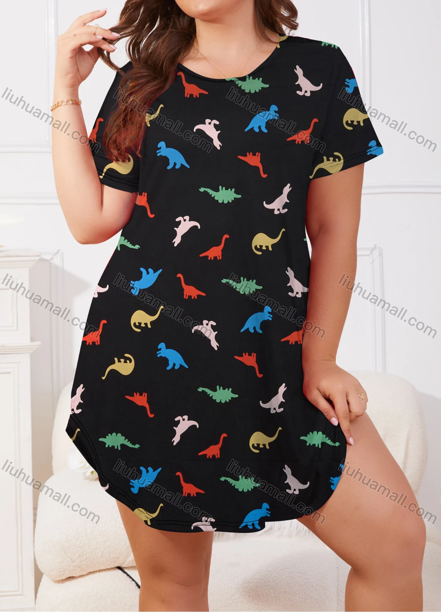 Wholesale Women's Milk Silk Allover Dinosaur Print Short Sleeve Crew Neck Curved Hem Lounge Short Nightdress DM1302-06# - Liuhuamall