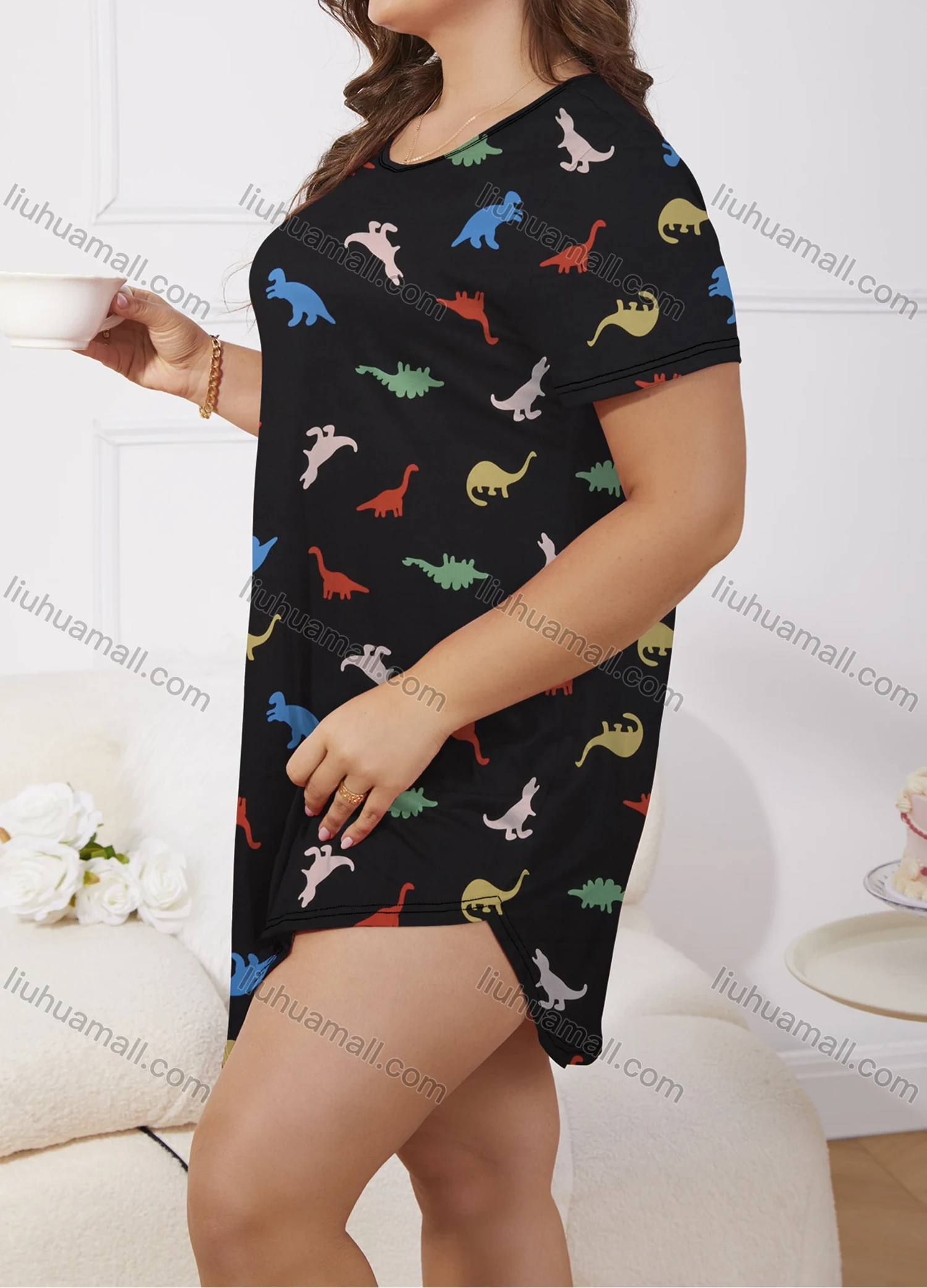 Wholesale Women's Milk Silk Allover Dinosaur Print Short Sleeve Crew Neck Curved Hem Lounge Short Nightdress DM1302-06# - Liuhuamall