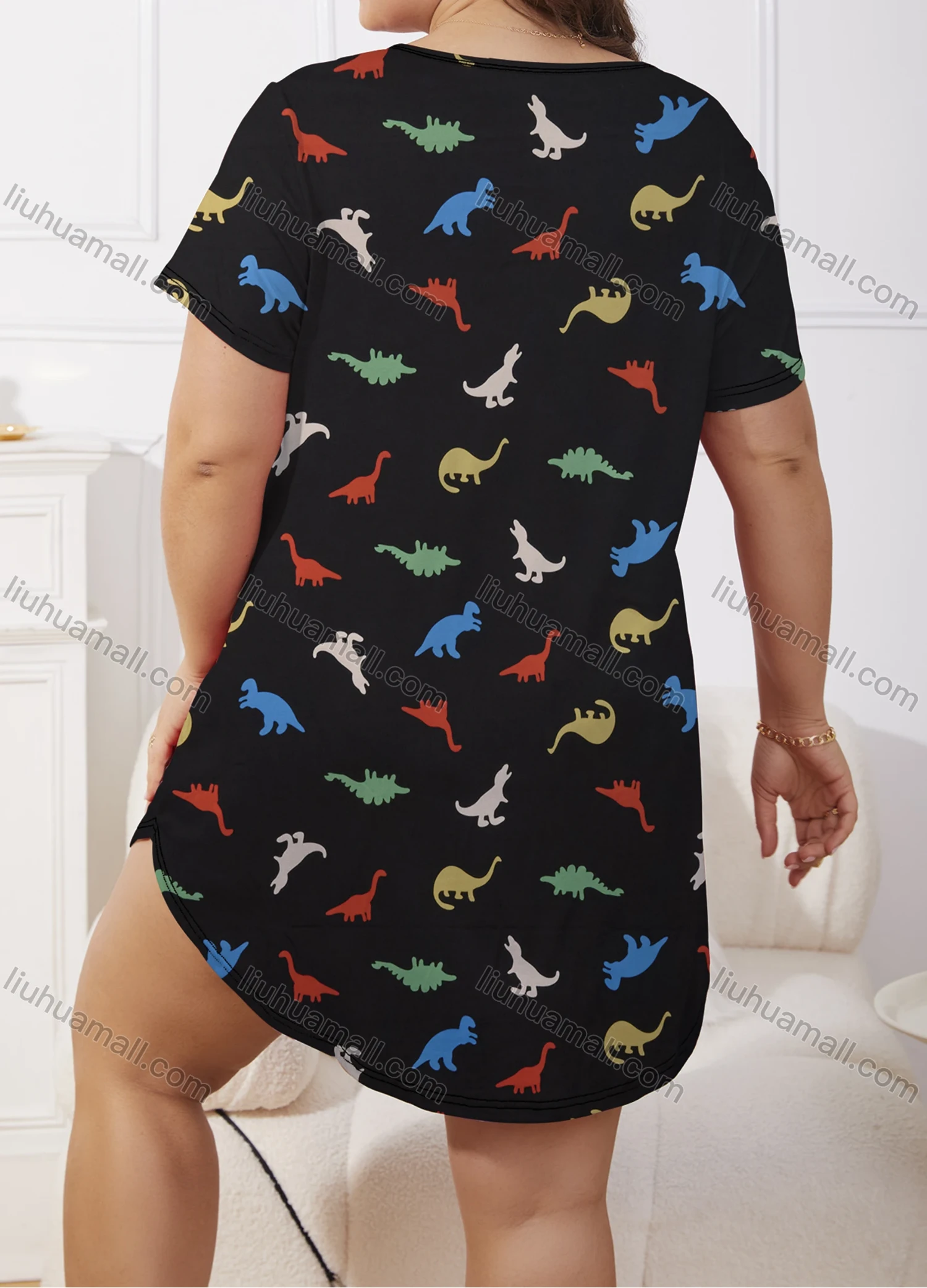 Wholesale Women's Milk Silk Allover Dinosaur Print Short Sleeve Crew Neck Curved Hem Lounge Short Nightdress DM1302-06# - Liuhuamall