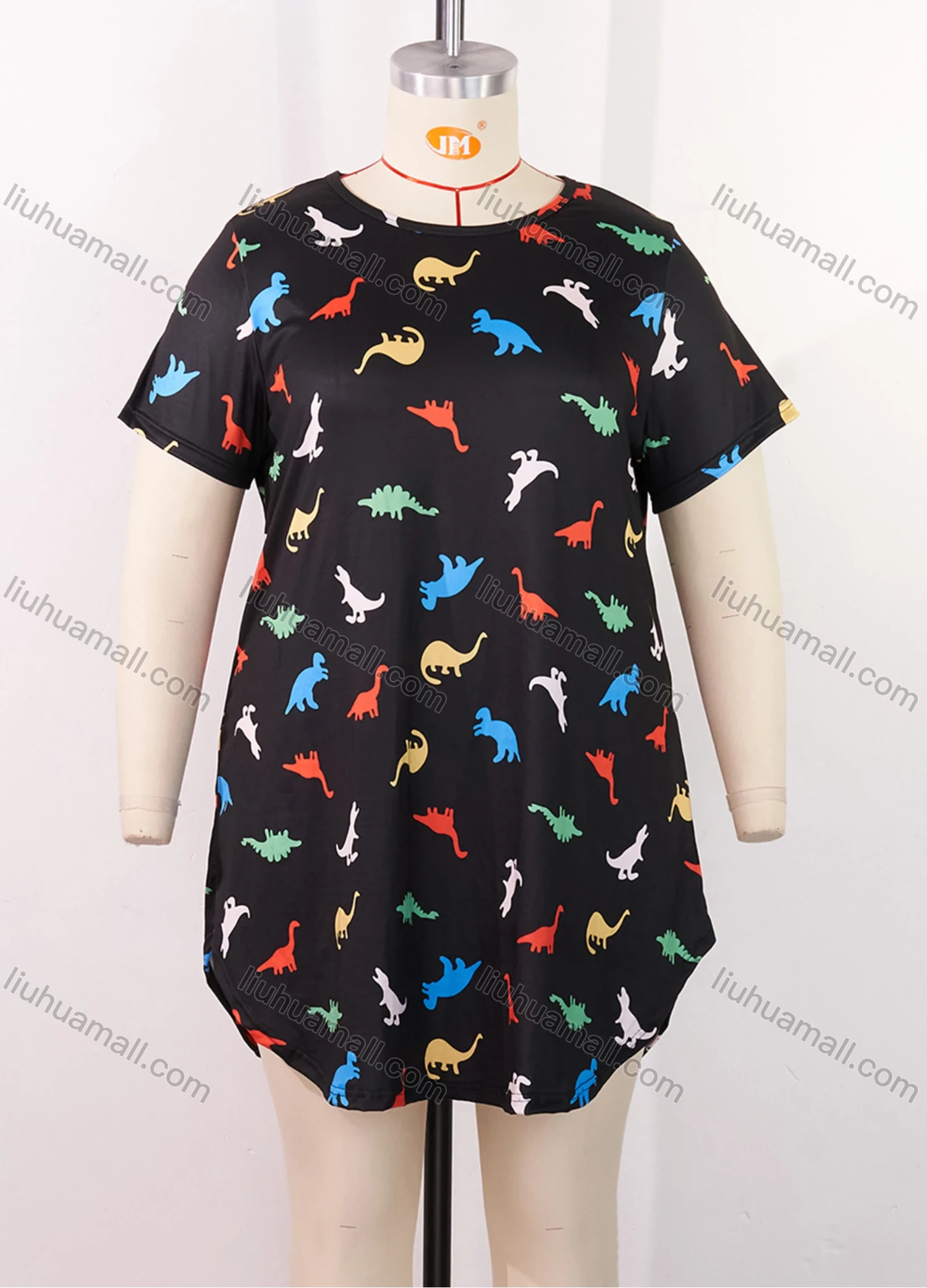 Wholesale Women's Milk Silk Allover Dinosaur Print Short Sleeve Crew Neck Curved Hem Lounge Short Nightdress DM1302-06# - Liuhuamall