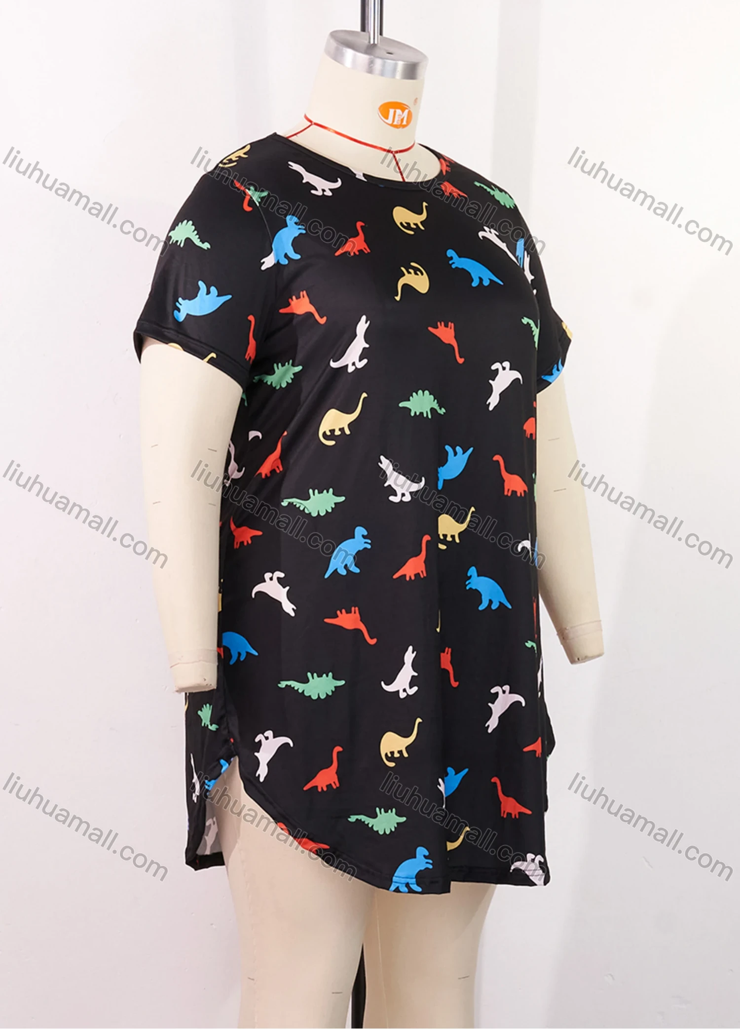 Wholesale Women's Milk Silk Allover Dinosaur Print Short Sleeve Crew Neck Curved Hem Lounge Short Nightdress DM1302-06# - Liuhuamall