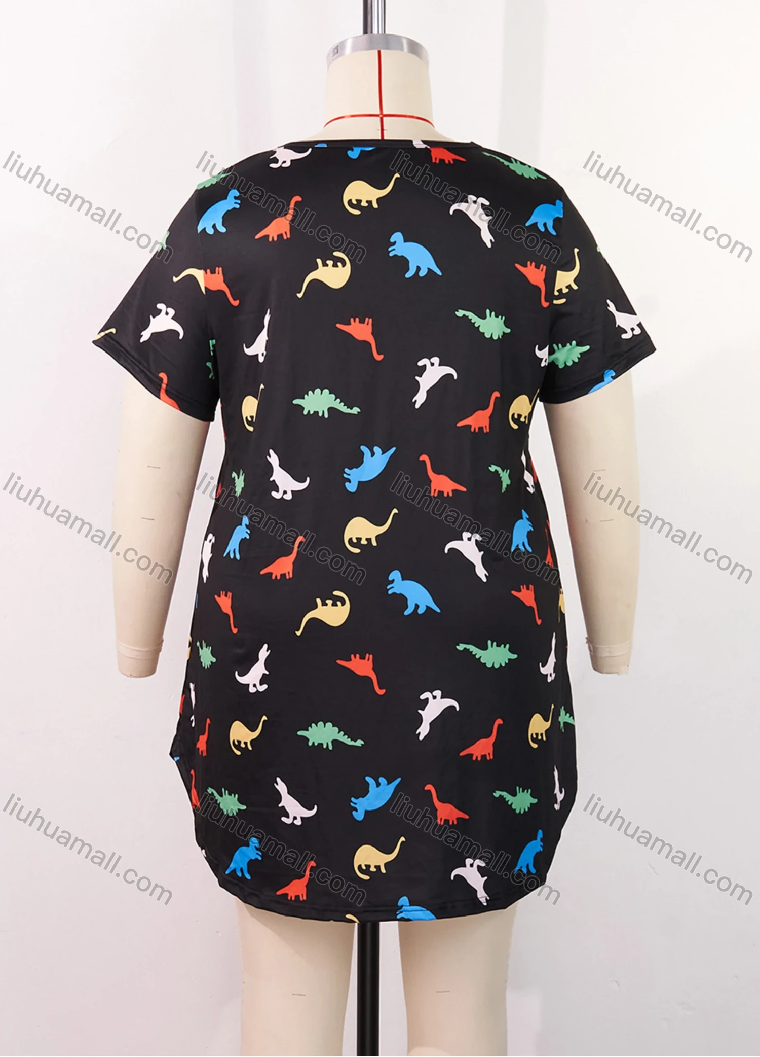 Wholesale Women's Milk Silk Allover Dinosaur Print Short Sleeve Crew Neck Curved Hem Lounge Short Nightdress DM1302-06# - Liuhuamall