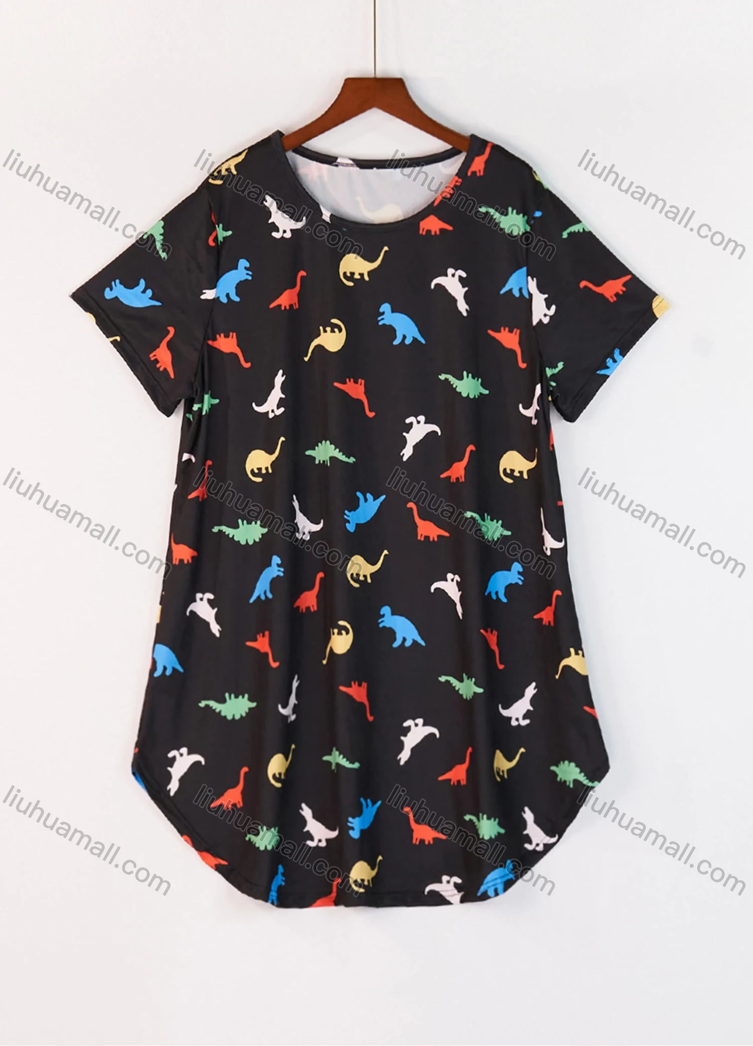 Wholesale Women's Milk Silk Allover Dinosaur Print Short Sleeve Crew Neck Curved Hem Lounge Short Nightdress DM1302-06# - Liuhuamall