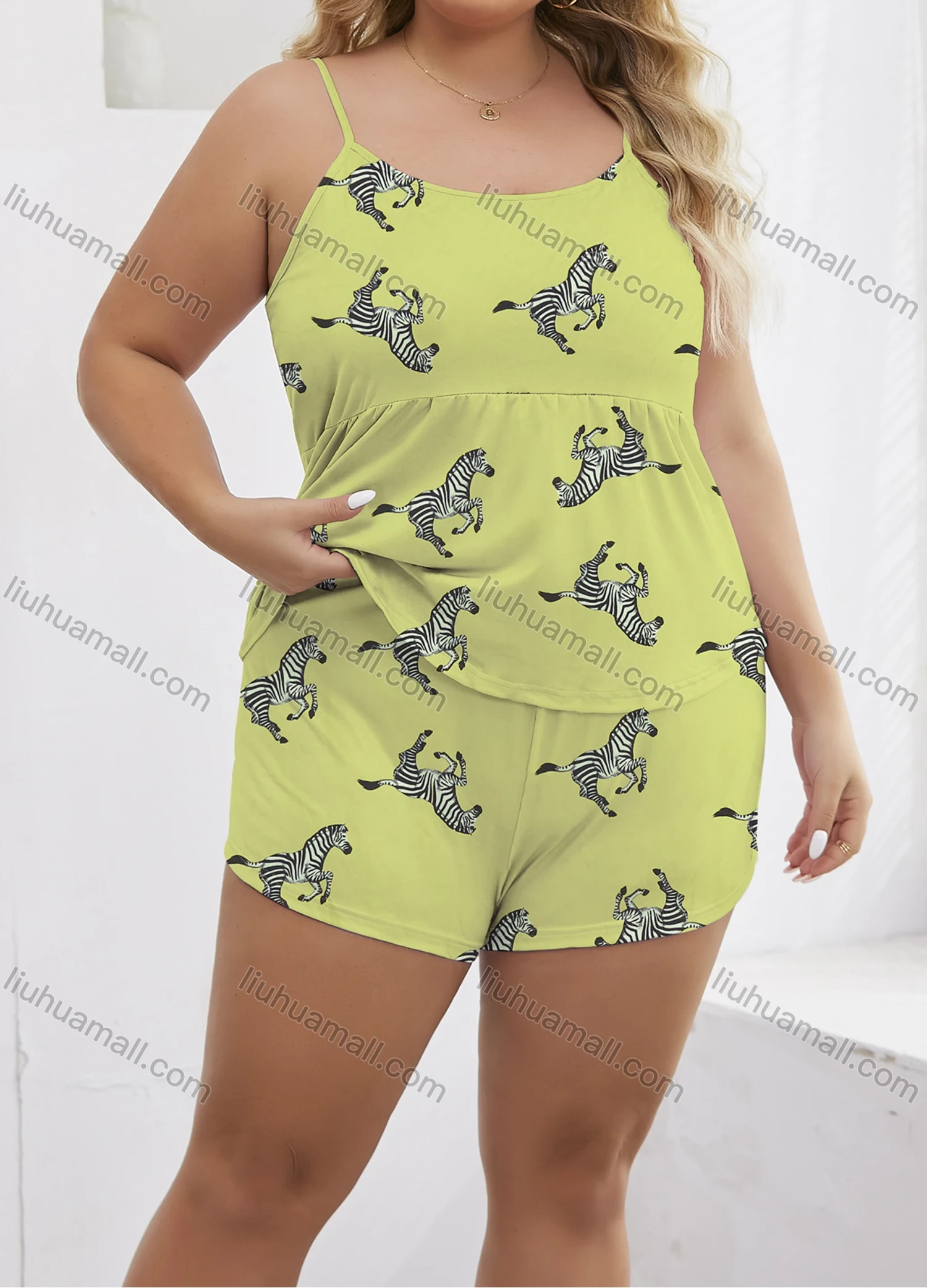 Wholesale Women's Lounge Milk Silk Allover Zebra Print Ruched Cami Tops & Shorts Pajamas Sets DM2121-02# - Liuhuamall