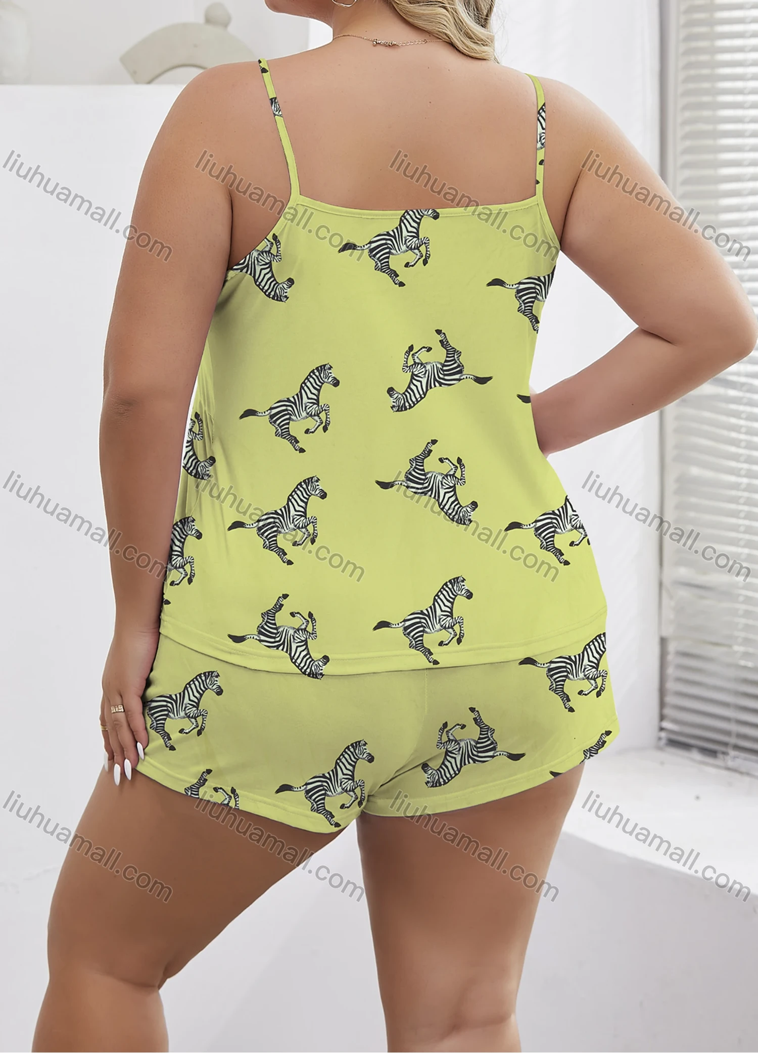 Wholesale Women's Lounge Milk Silk Allover Zebra Print Ruched Cami Tops & Shorts Pajamas Sets DM2121-02# - Liuhuamall