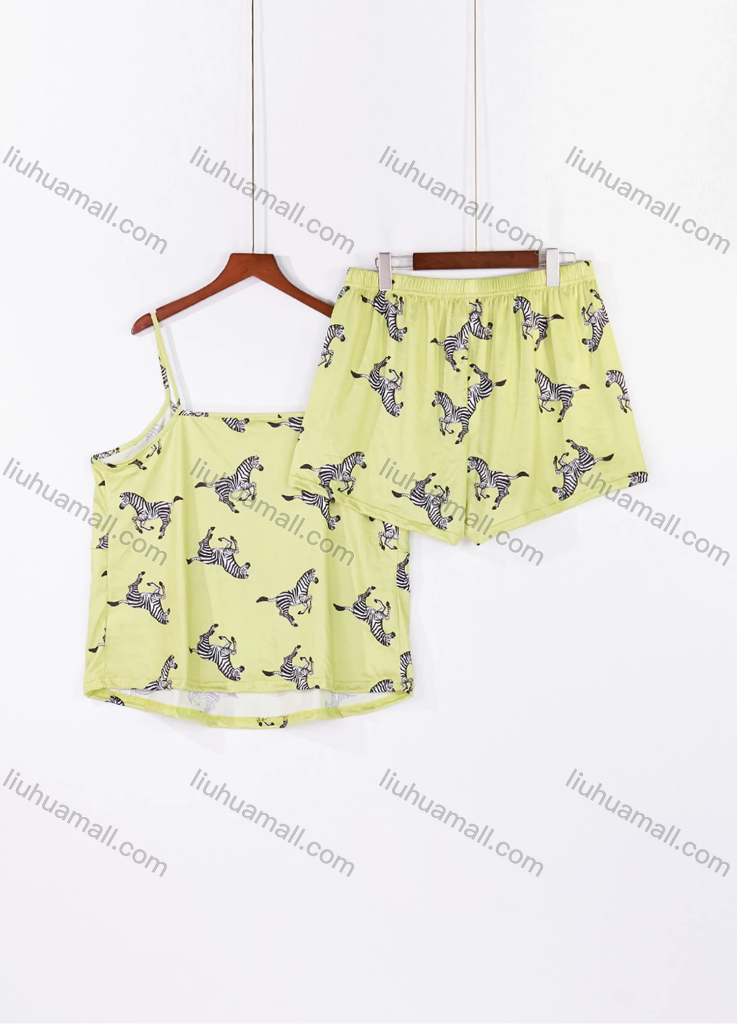Wholesale Women's Lounge Milk Silk Allover Zebra Print Ruched Cami Tops & Shorts Pajamas Sets DM2121-02# - Liuhuamall