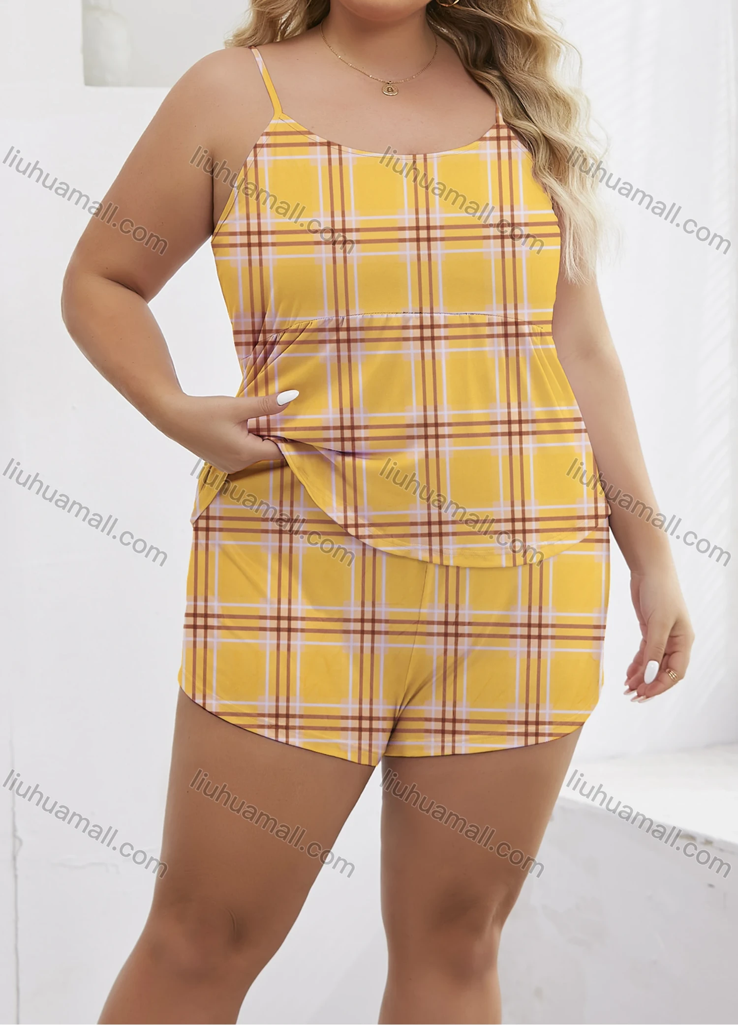 Wholesale Women's Lounge Milk Silk Plaid Print Ruched Cami Tops & Shorts Pajamas Sets DM2121-04# - Liuhuamall