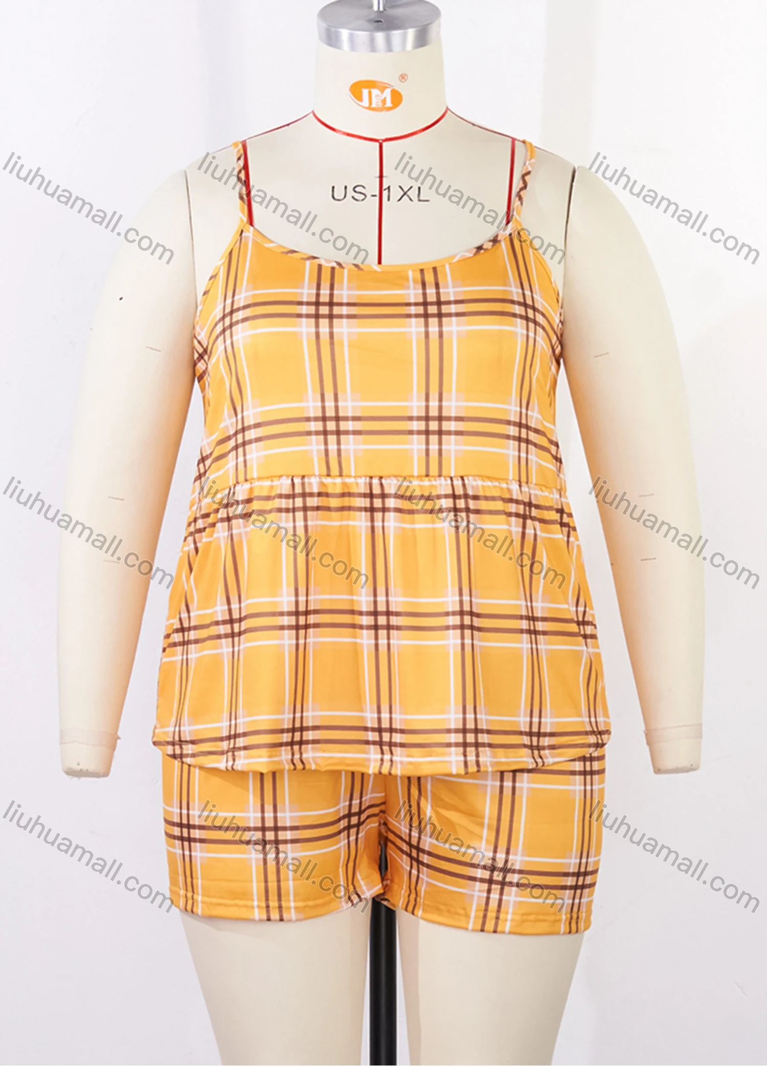 Wholesale Women's Lounge Milk Silk Plaid Print Ruched Cami Tops & Shorts Pajamas Sets DM2121-04# - Liuhuamall