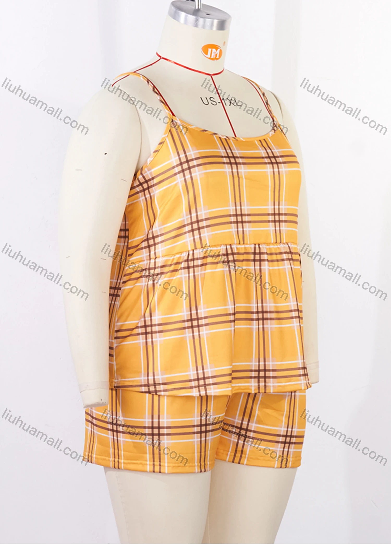 Wholesale Women's Lounge Milk Silk Plaid Print Ruched Cami Tops & Shorts Pajamas Sets DM2121-04# - Liuhuamall