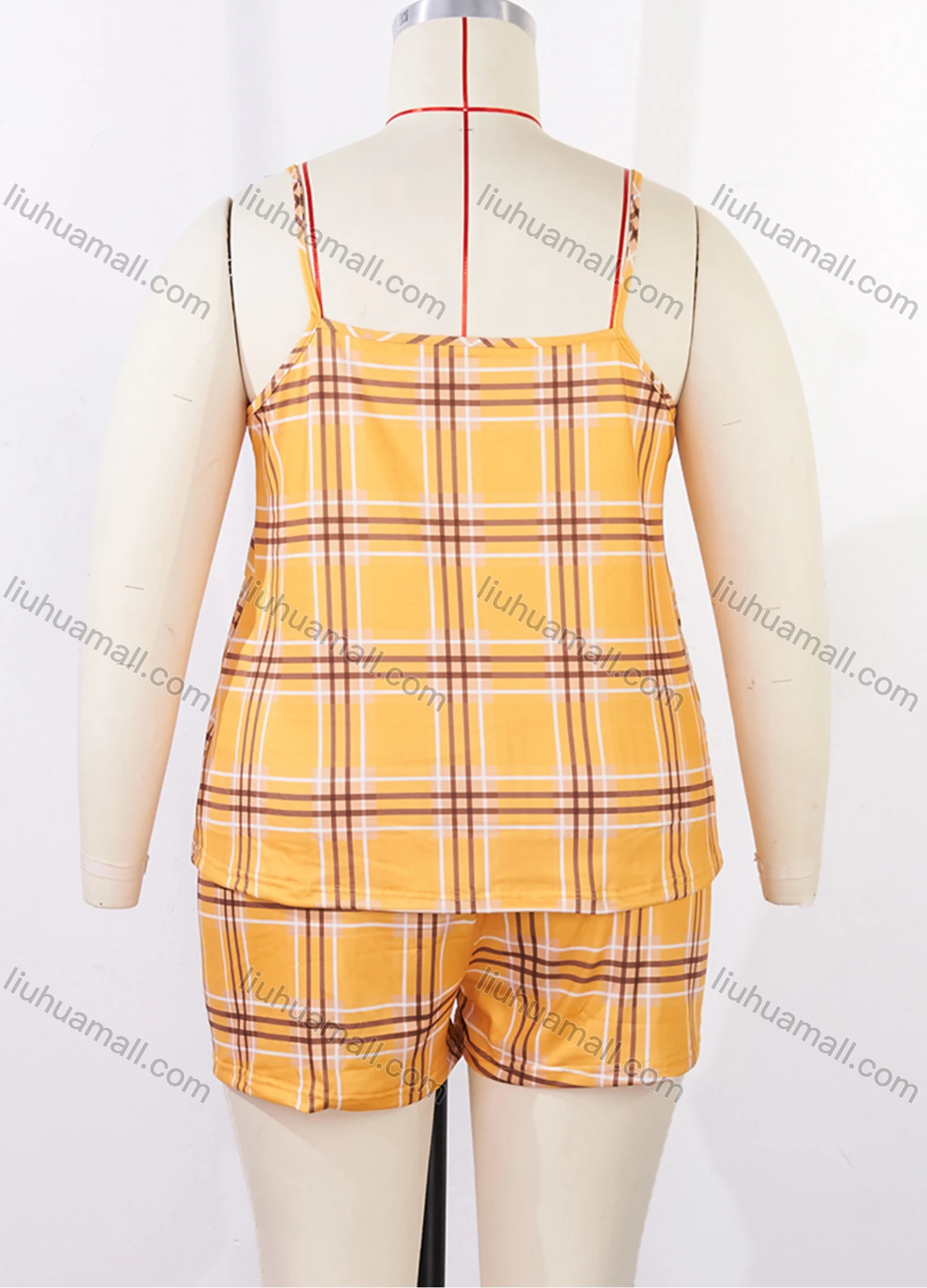 Wholesale Women's Lounge Milk Silk Plaid Print Ruched Cami Tops & Shorts Pajamas Sets DM2121-04# - Liuhuamall