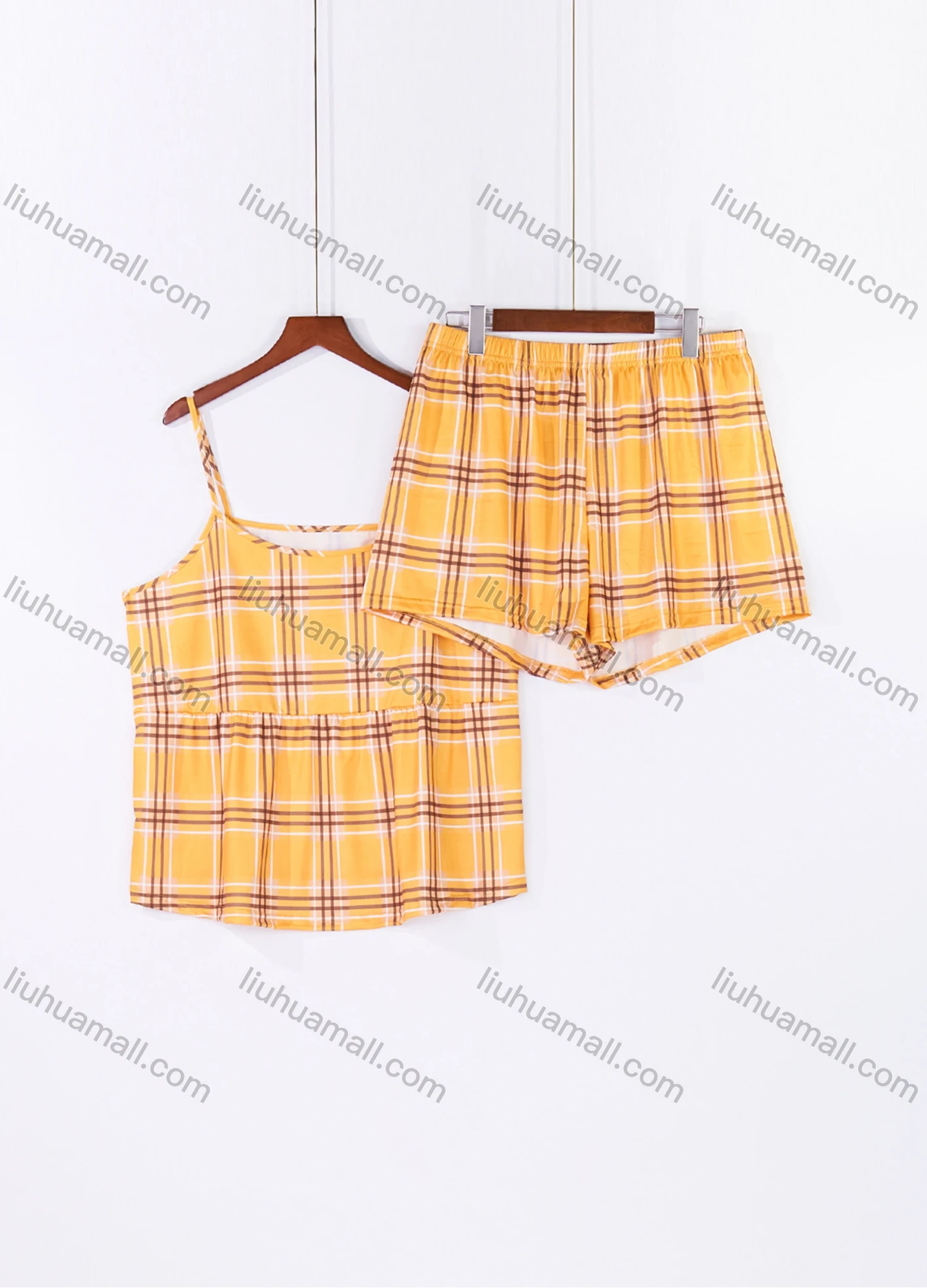 Wholesale Women's Lounge Milk Silk Plaid Print Ruched Cami Tops & Shorts Pajamas Sets DM2121-04# - Liuhuamall