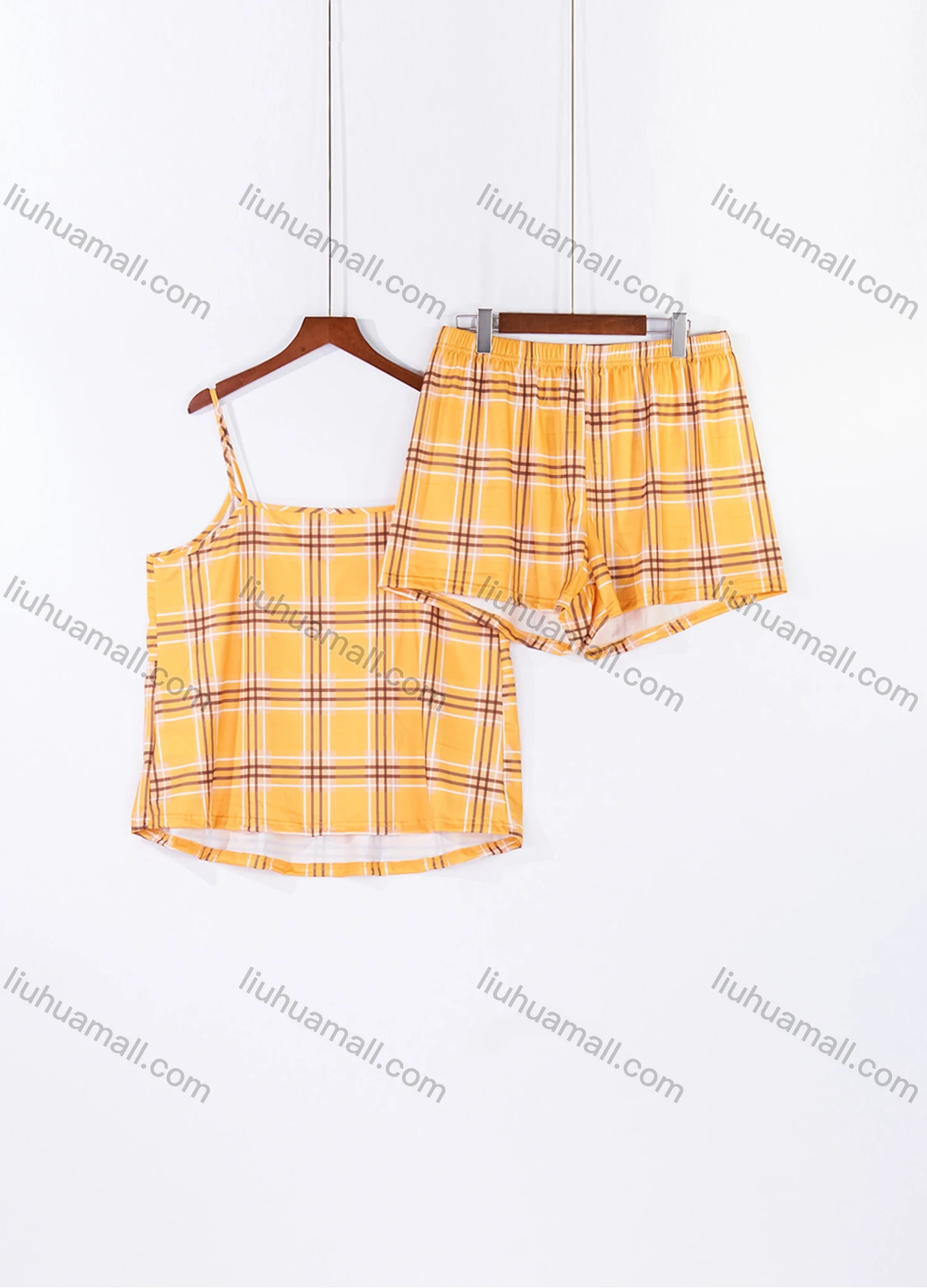 Wholesale Women's Lounge Milk Silk Plaid Print Ruched Cami Tops & Shorts Pajamas Sets DM2121-04# - Liuhuamall