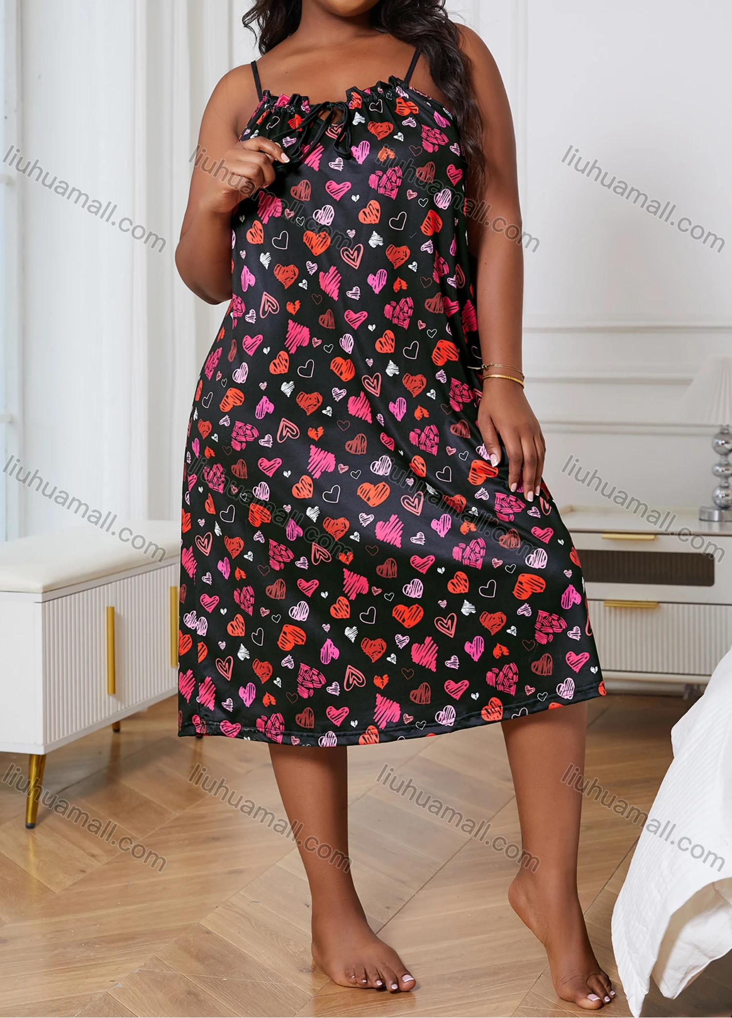 Wholesale Women's Milk Silk Allover Heart Print Drawstring Cami Lounge Midi Nightdress DM1120-03# - Liuhuamall