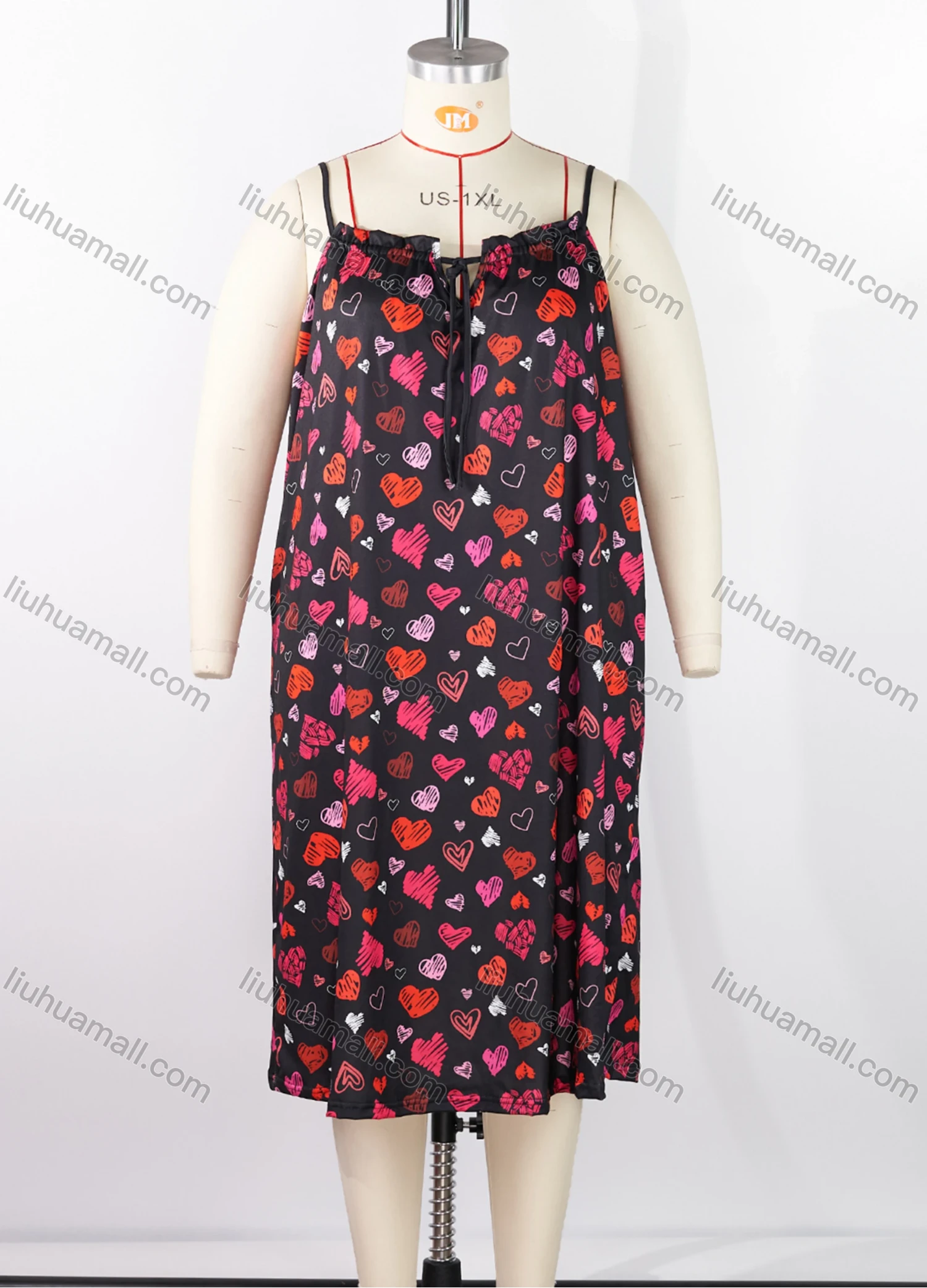 Wholesale Women's Milk Silk Allover Heart Print Drawstring Cami Lounge Midi Nightdress DM1120-03# - Liuhuamall