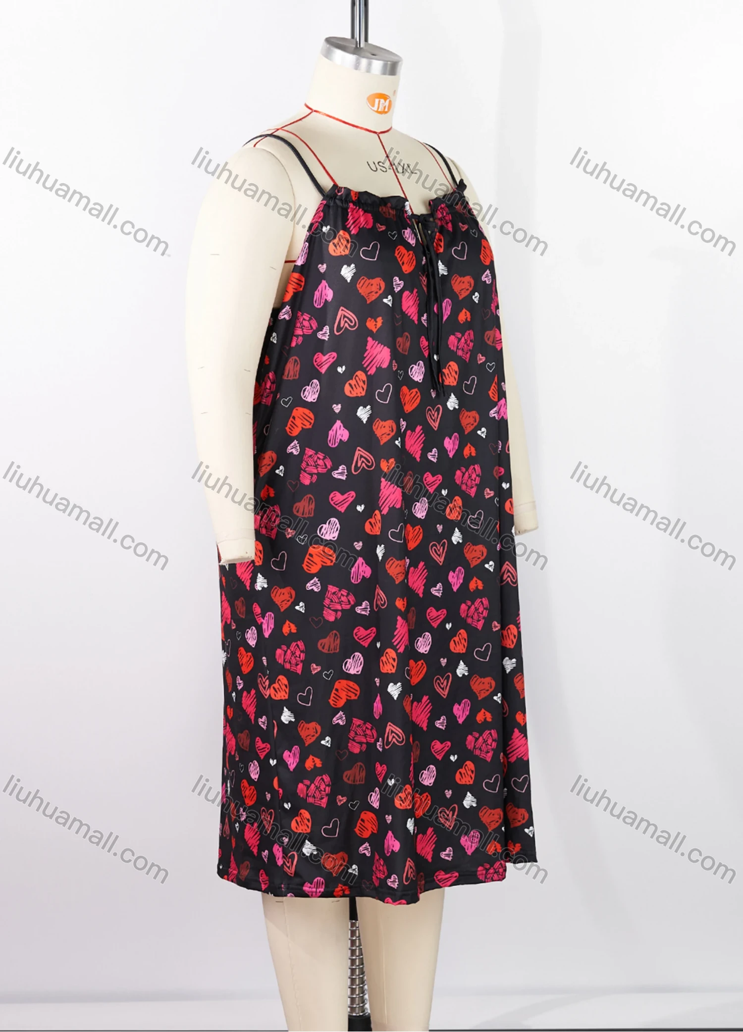 Wholesale Women's Milk Silk Allover Heart Print Drawstring Cami Lounge Midi Nightdress DM1120-03# - Liuhuamall