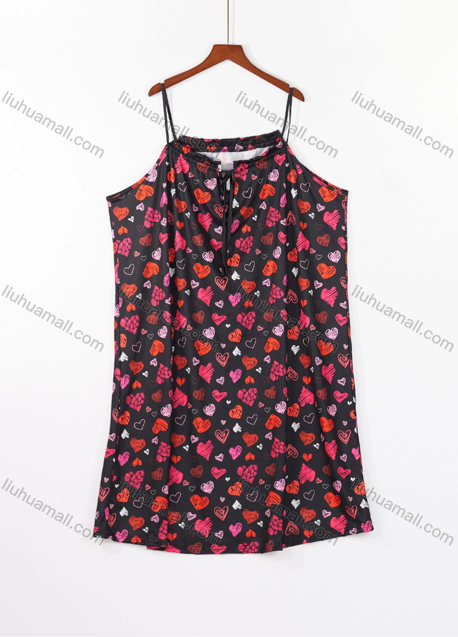 Wholesale Women's Milk Silk Allover Heart Print Drawstring Cami Lounge Midi Nightdress DM1120-03# - Liuhuamall