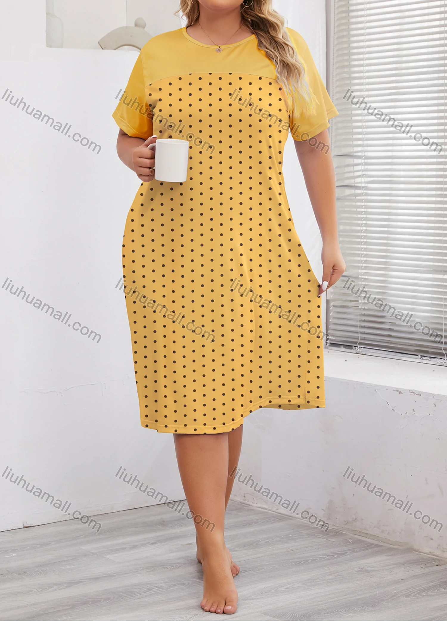 Wholesale Women's Milk Silk Pin Dot Print Splicing Short Sleeve Crew Neck Lounge Midi Nightdress DM1317# - Liuhuamall