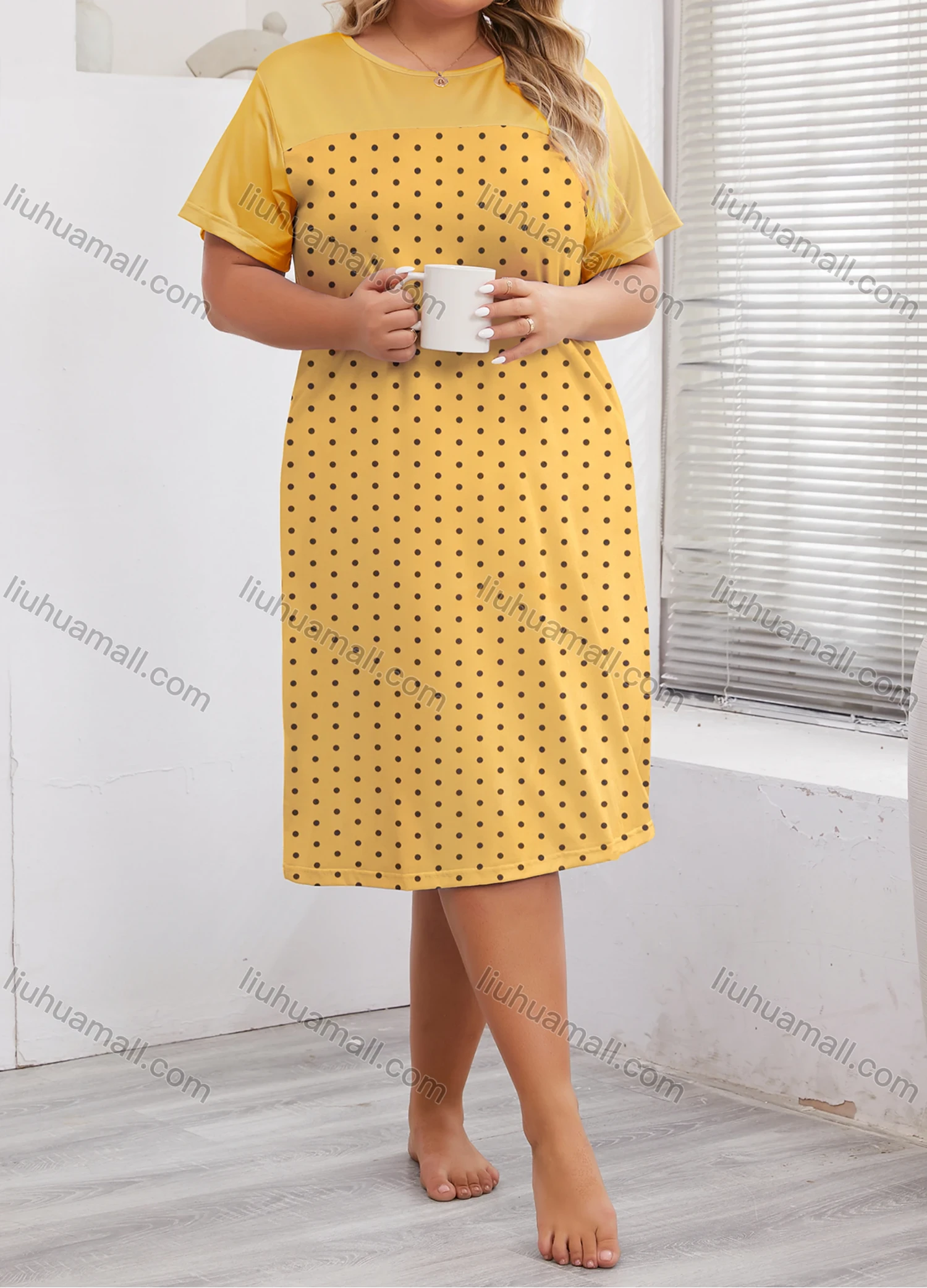 Wholesale Women's Milk Silk Pin Dot Print Splicing Short Sleeve Crew Neck Lounge Midi Nightdress DM1317# - Liuhuamall