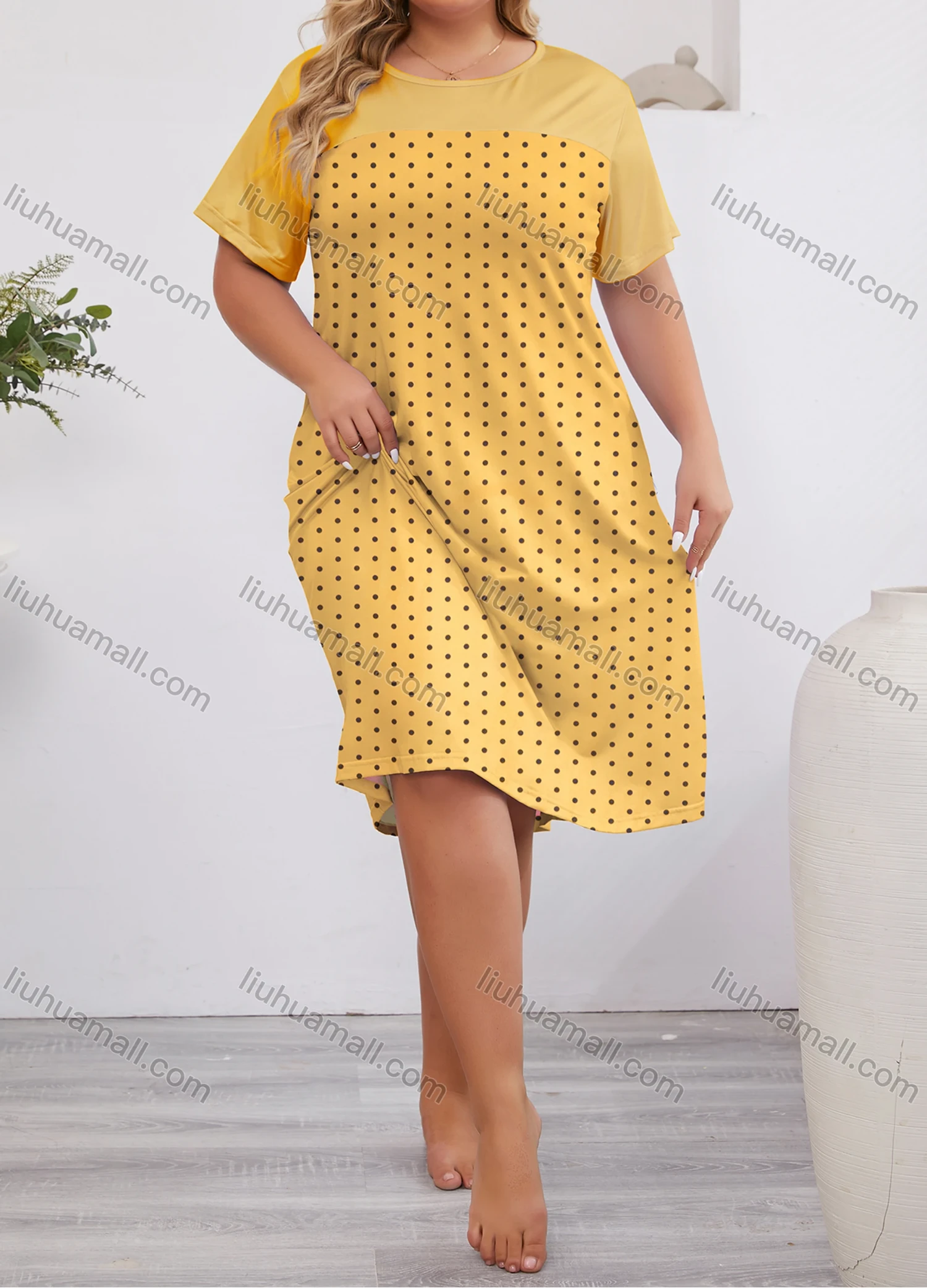 Wholesale Women's Milk Silk Pin Dot Print Splicing Short Sleeve Crew Neck Lounge Midi Nightdress DM1317# - Liuhuamall