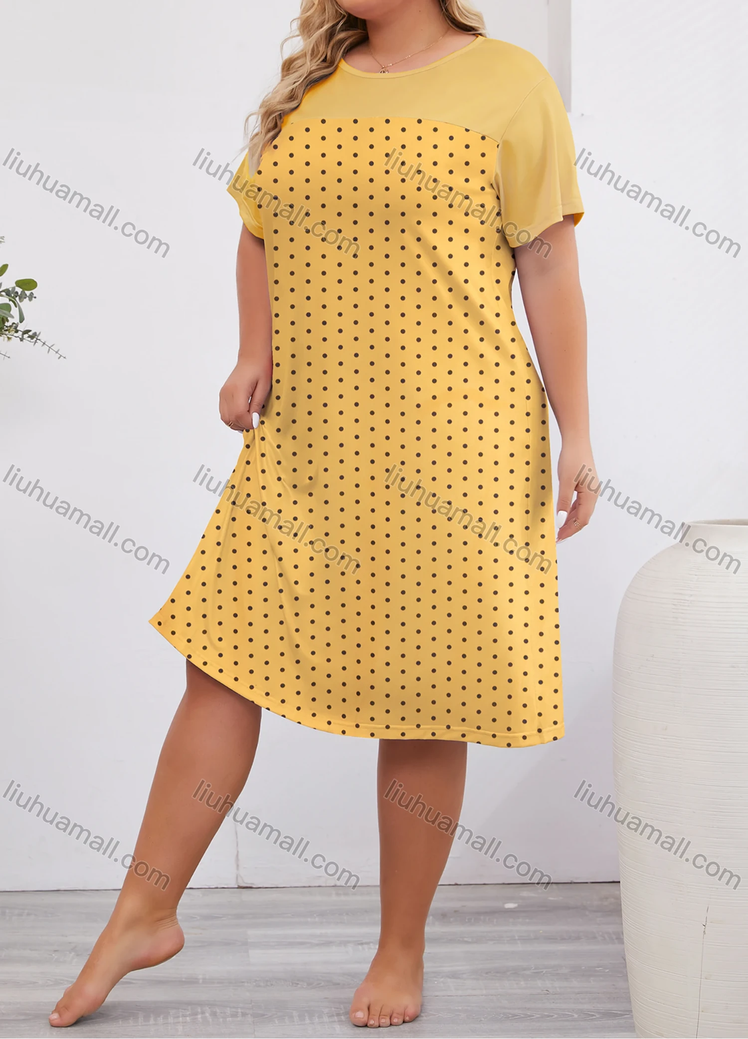 Wholesale Women's Milk Silk Pin Dot Print Splicing Short Sleeve Crew Neck Lounge Midi Nightdress DM1317# - Liuhuamall