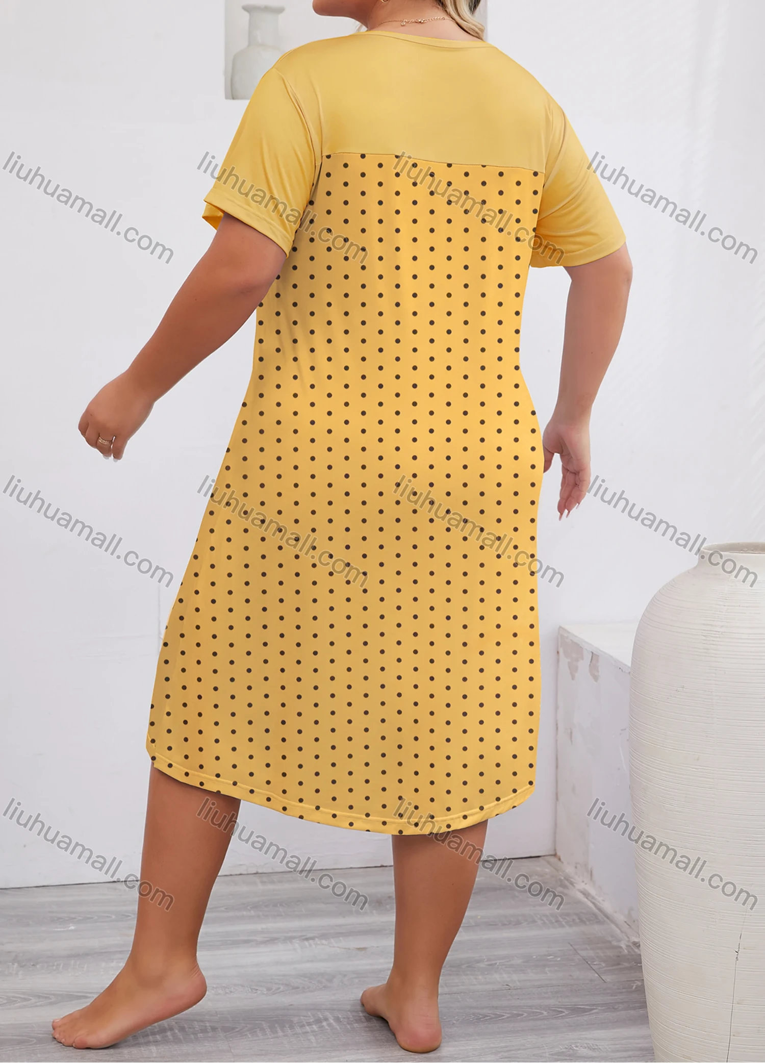 Wholesale Women's Milk Silk Pin Dot Print Splicing Short Sleeve Crew Neck Lounge Midi Nightdress DM1317# - Liuhuamall