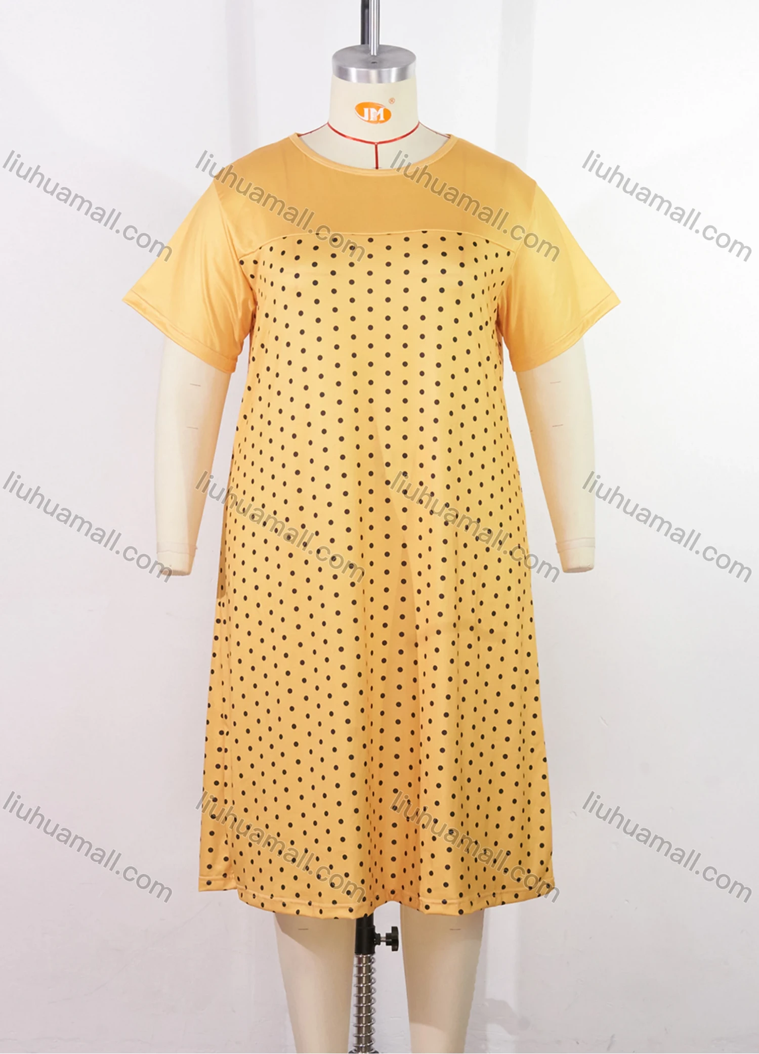 Wholesale Women's Milk Silk Pin Dot Print Splicing Short Sleeve Crew Neck Lounge Midi Nightdress DM1317# - Liuhuamall