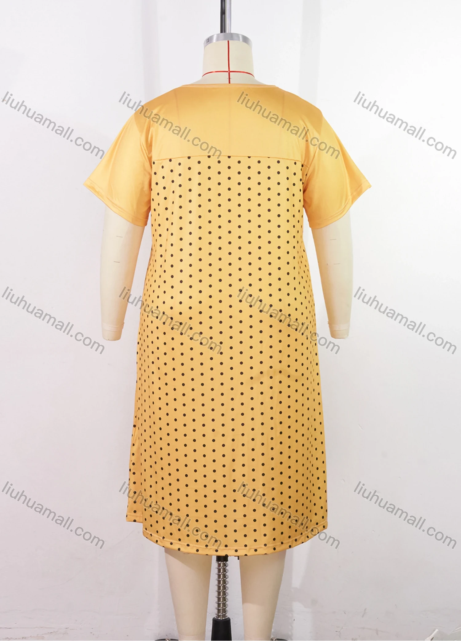 Wholesale Women's Milk Silk Pin Dot Print Splicing Short Sleeve Crew Neck Lounge Midi Nightdress DM1317# - Liuhuamall