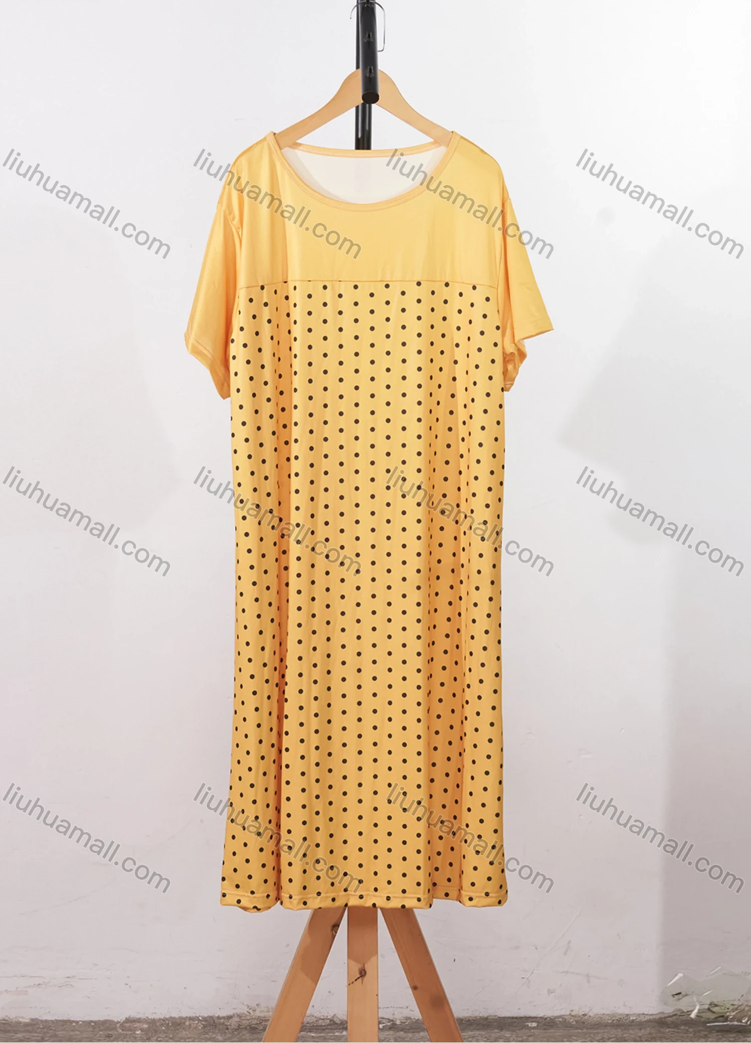 Wholesale Women's Milk Silk Pin Dot Print Splicing Short Sleeve Crew Neck Lounge Midi Nightdress DM1317# - Liuhuamall