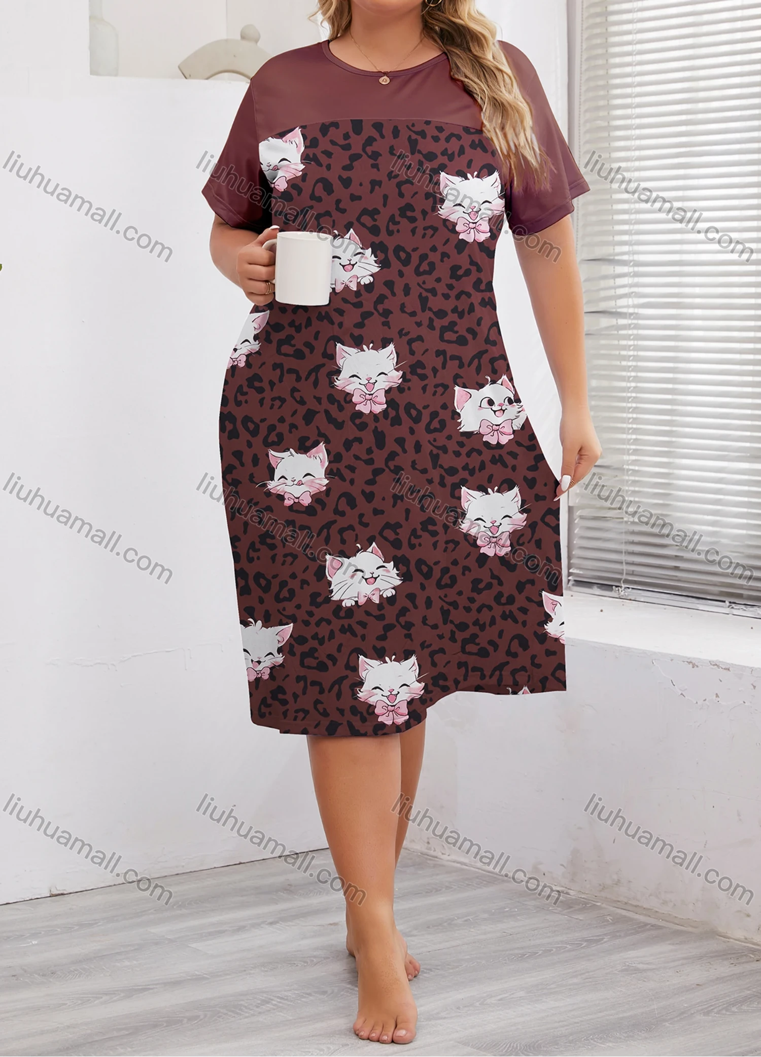 Wholesale Women's Milk Silk Cartoon Leopard Print Short Sleeve Crew Neck Lounge Midi Nightdress DM1317-02# - Liuhuamall