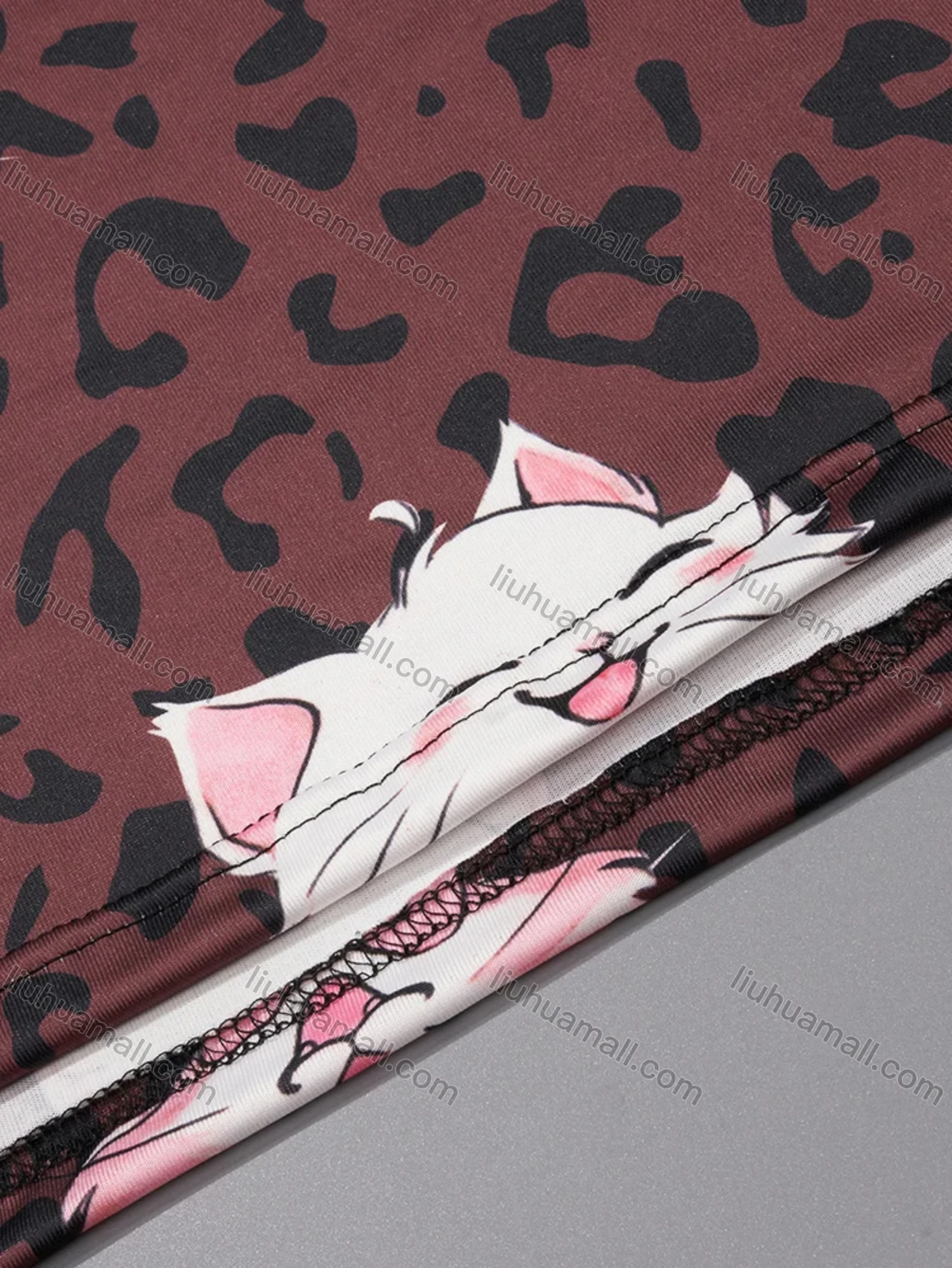 Wholesale Women's Milk Silk Cartoon Leopard Print Short Sleeve Crew Neck Lounge Midi Nightdress DM1317-02# - Liuhuamall