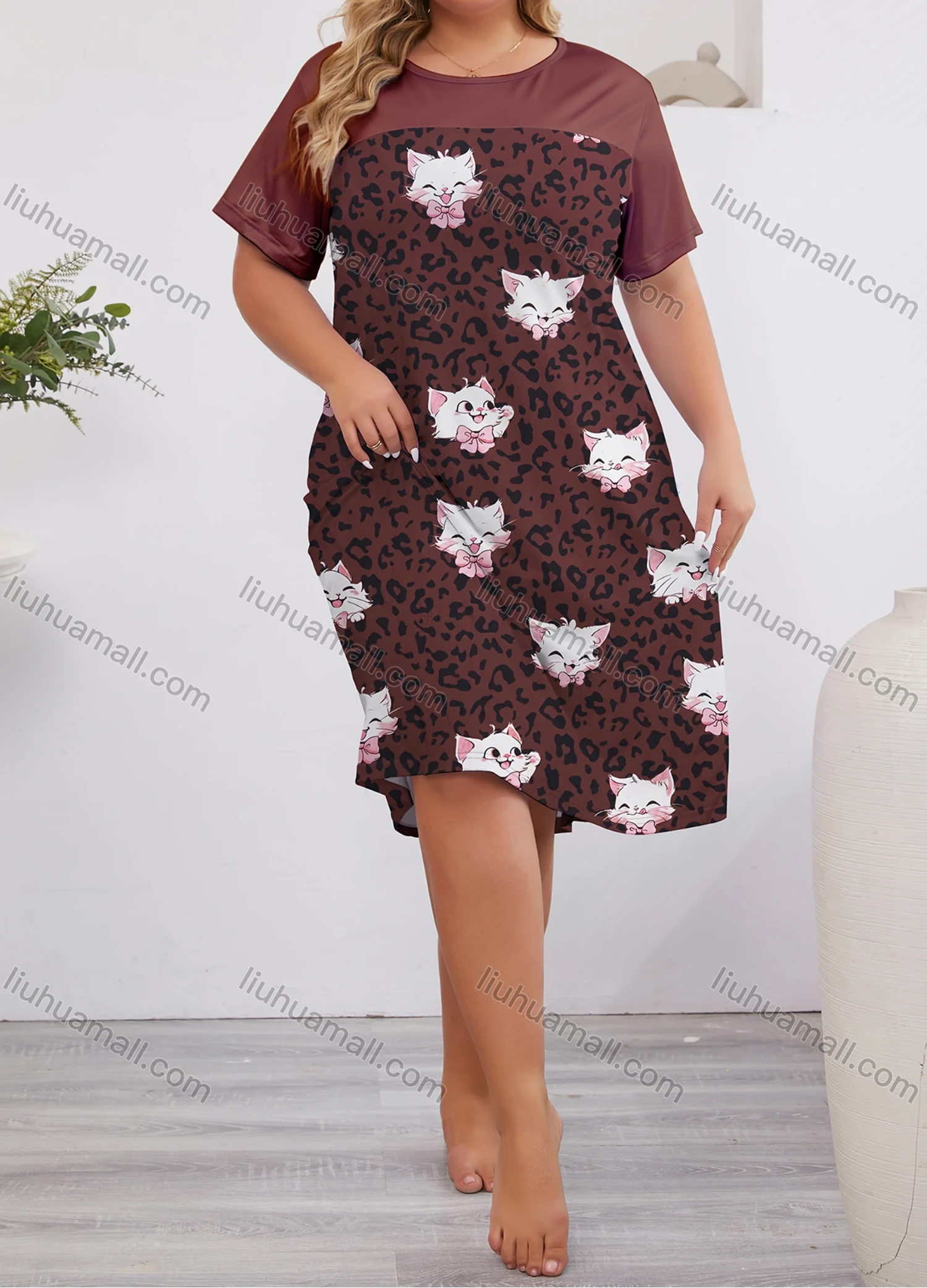 Wholesale Women's Milk Silk Cartoon Leopard Print Short Sleeve Crew Neck Lounge Midi Nightdress DM1317-02# - Liuhuamall
