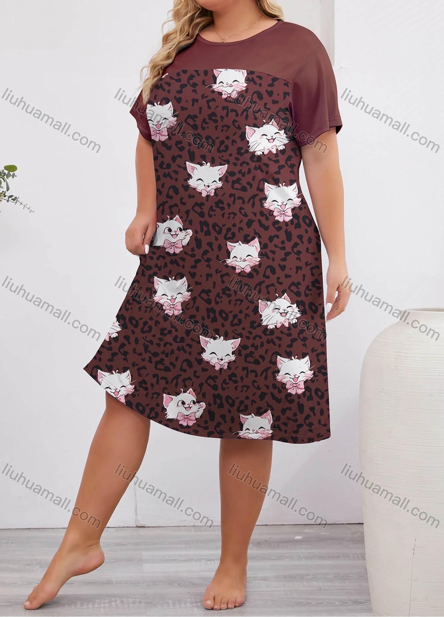 Wholesale Women's Milk Silk Cartoon Leopard Print Short Sleeve Crew Neck Lounge Midi Nightdress DM1317-02# - Liuhuamall