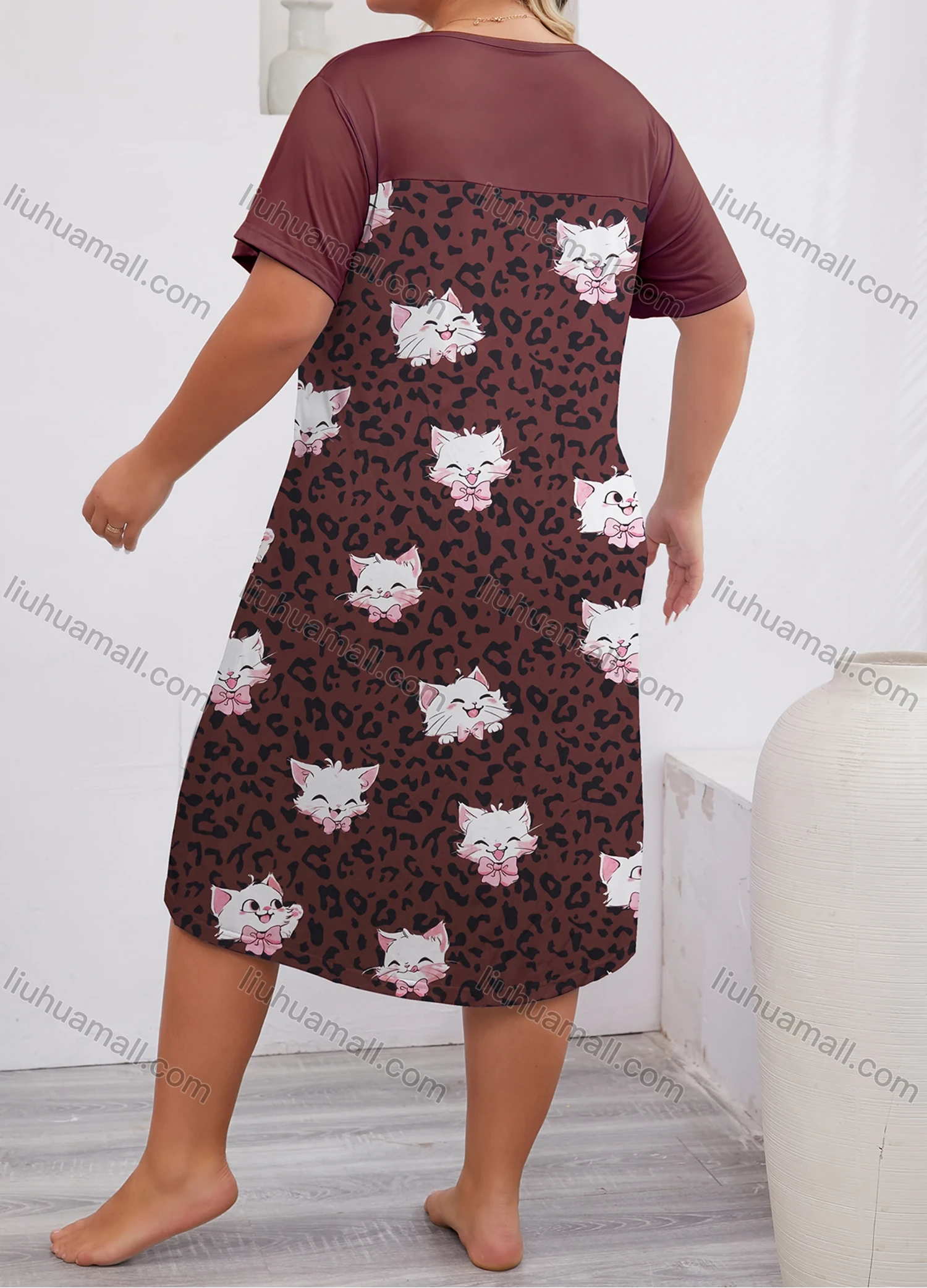 Wholesale Women's Milk Silk Cartoon Leopard Print Short Sleeve Crew Neck Lounge Midi Nightdress DM1317-02# - Liuhuamall