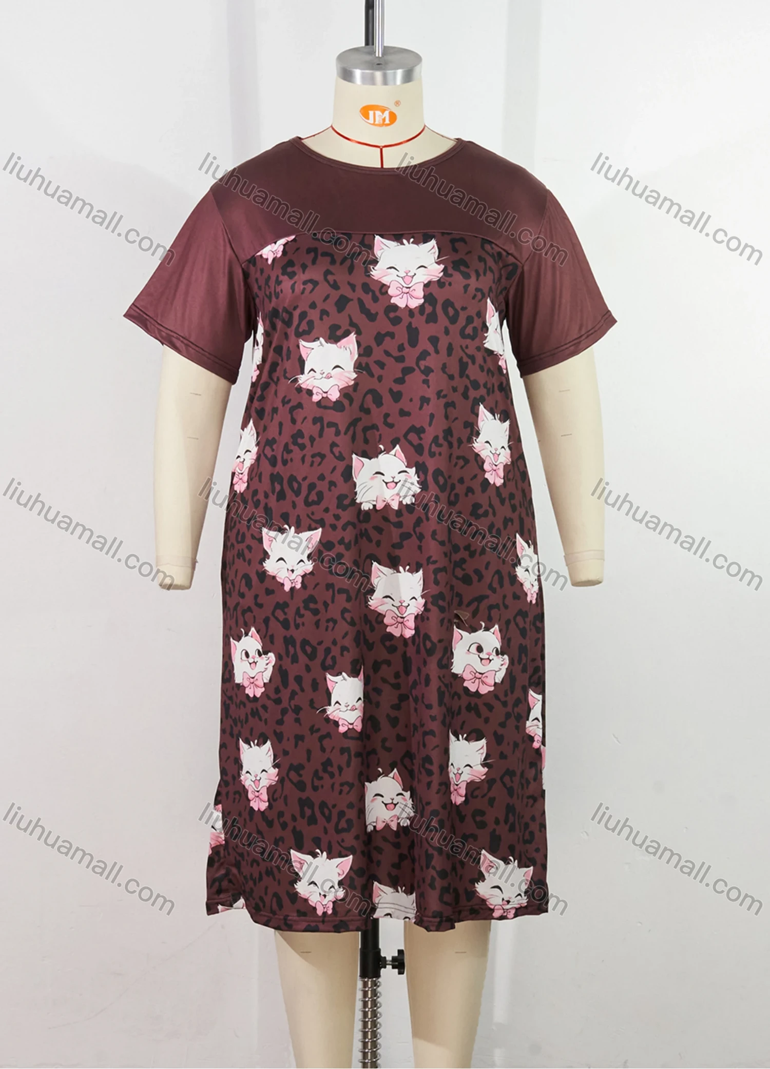 Wholesale Women's Milk Silk Cartoon Leopard Print Short Sleeve Crew Neck Lounge Midi Nightdress DM1317-02# - Liuhuamall