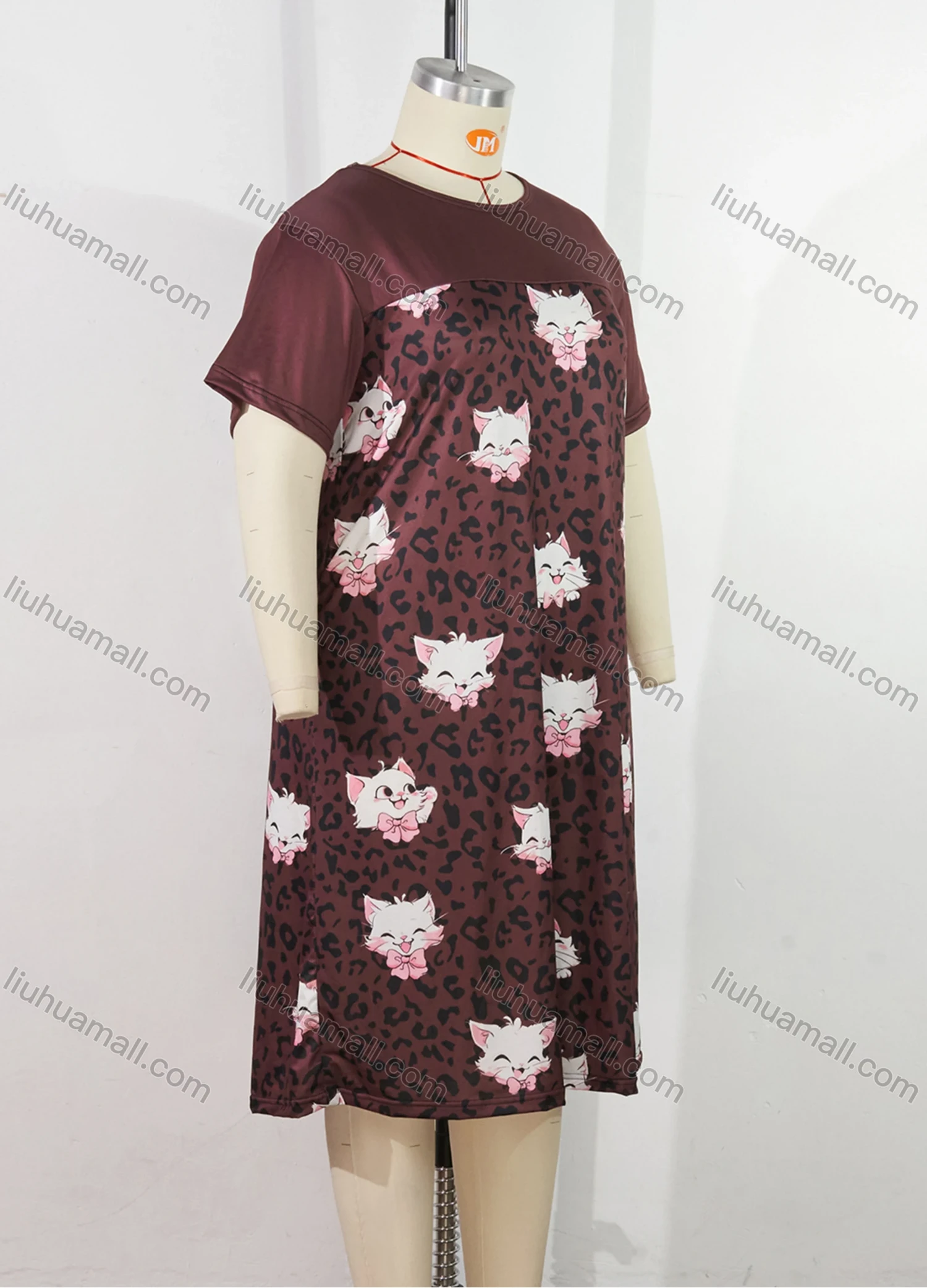 Wholesale Women's Milk Silk Cartoon Leopard Print Short Sleeve Crew Neck Lounge Midi Nightdress DM1317-02# - Liuhuamall