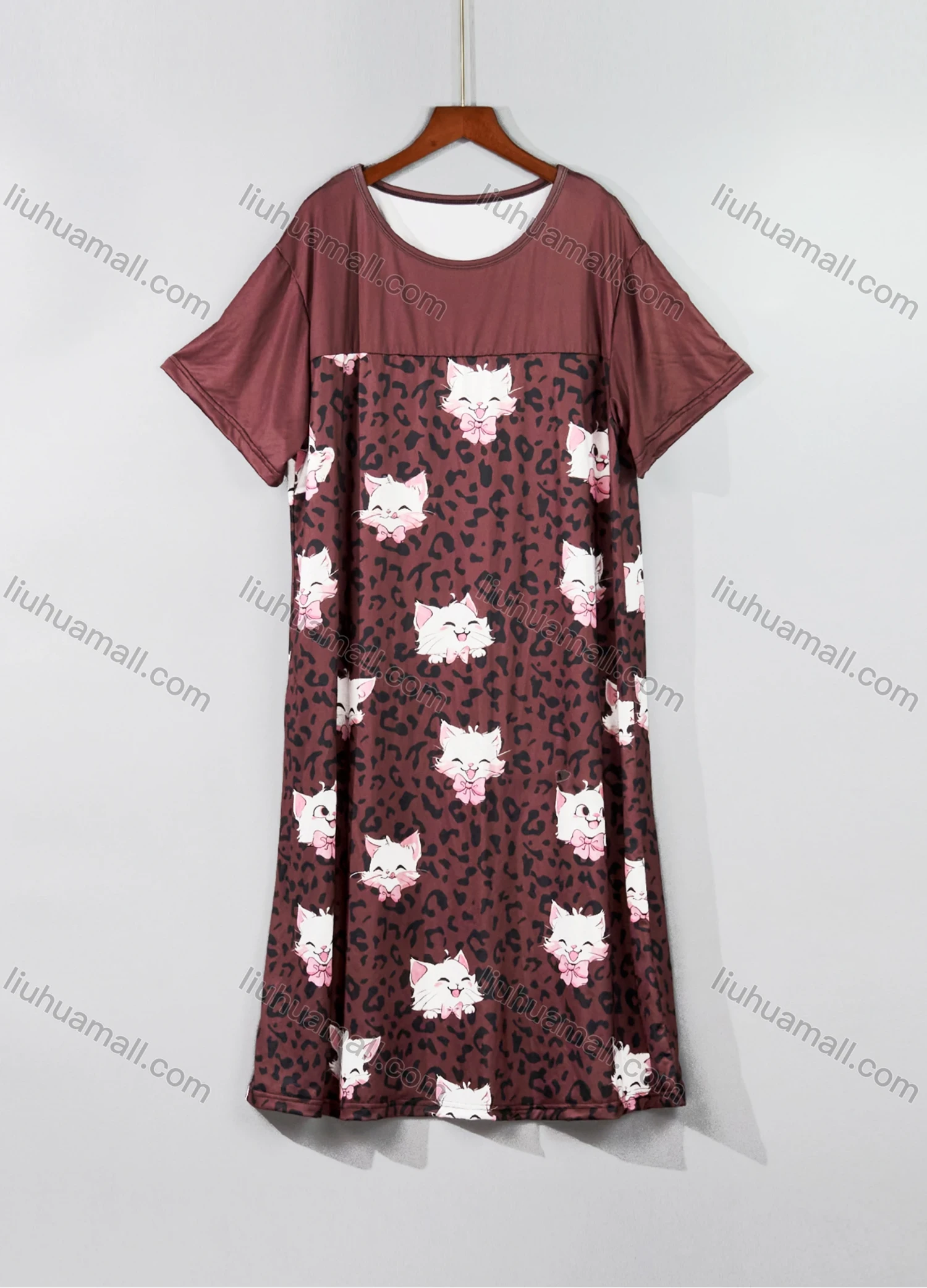 Wholesale Women's Milk Silk Cartoon Leopard Print Short Sleeve Crew Neck Lounge Midi Nightdress DM1317-02# - Liuhuamall