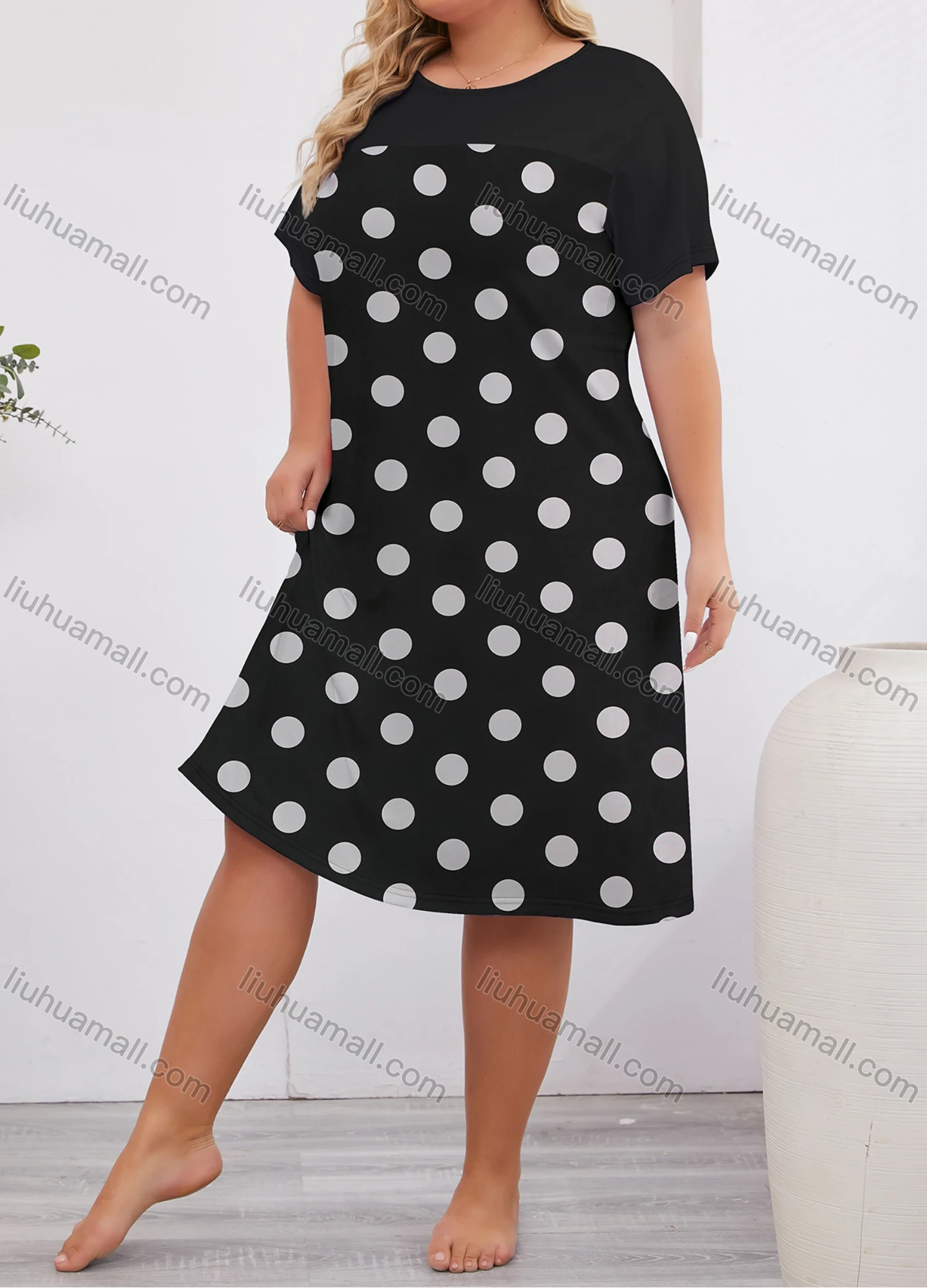 Wholesale Women's Milk Silk Polka Dot Print Short Sleeve Crew Neck Lounge Midi Nightdress DM1317-03# - Liuhuamall