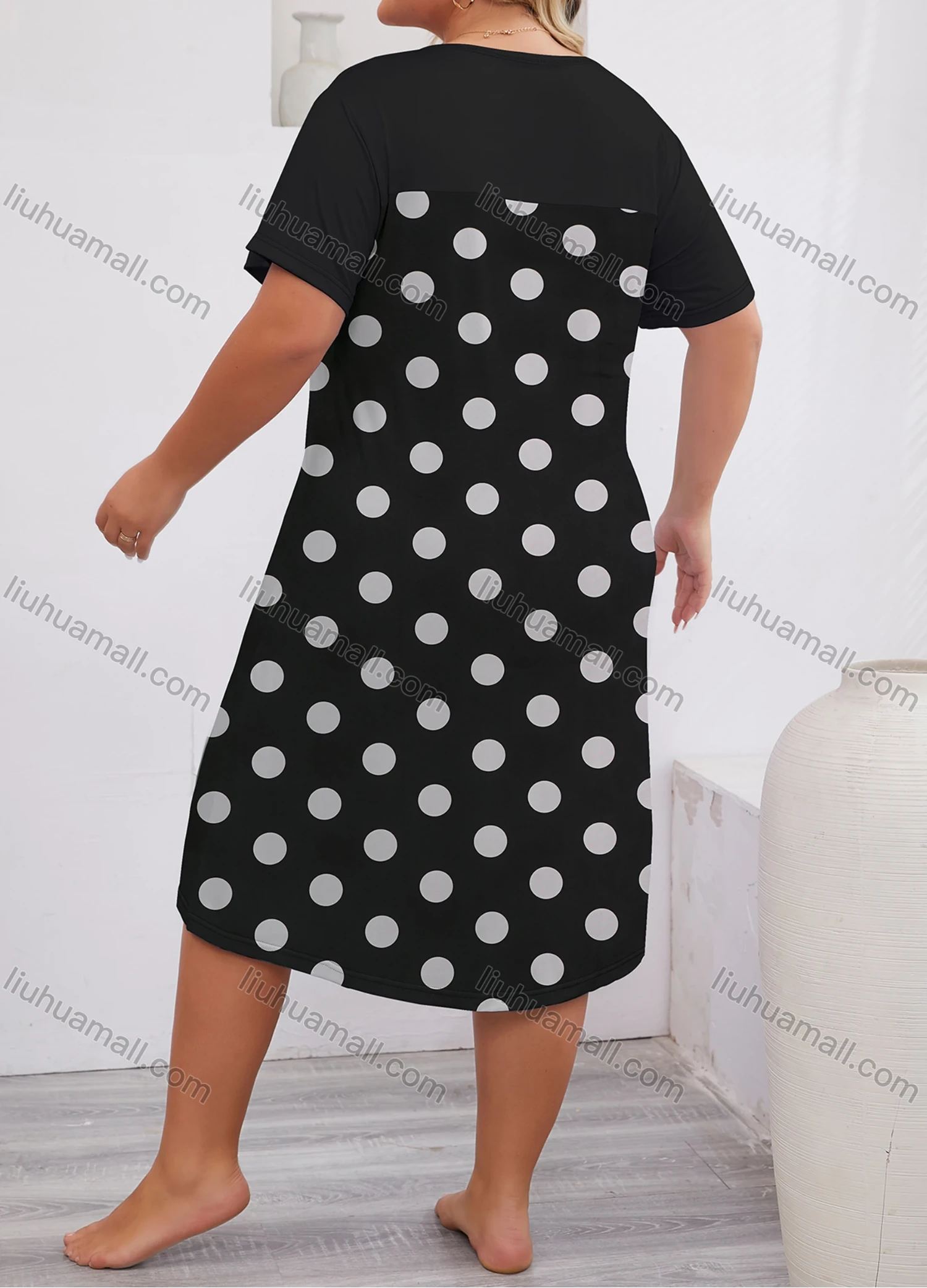 Wholesale Women's Milk Silk Polka Dot Print Short Sleeve Crew Neck Lounge Midi Nightdress DM1317-03# - Liuhuamall